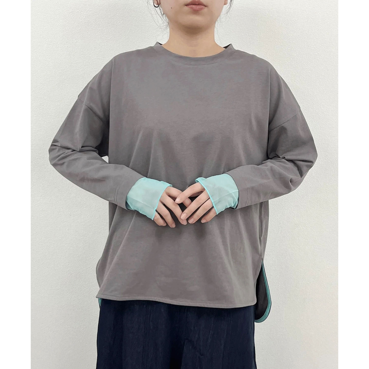 vingtrois 袖口シアー切替無地ロンT