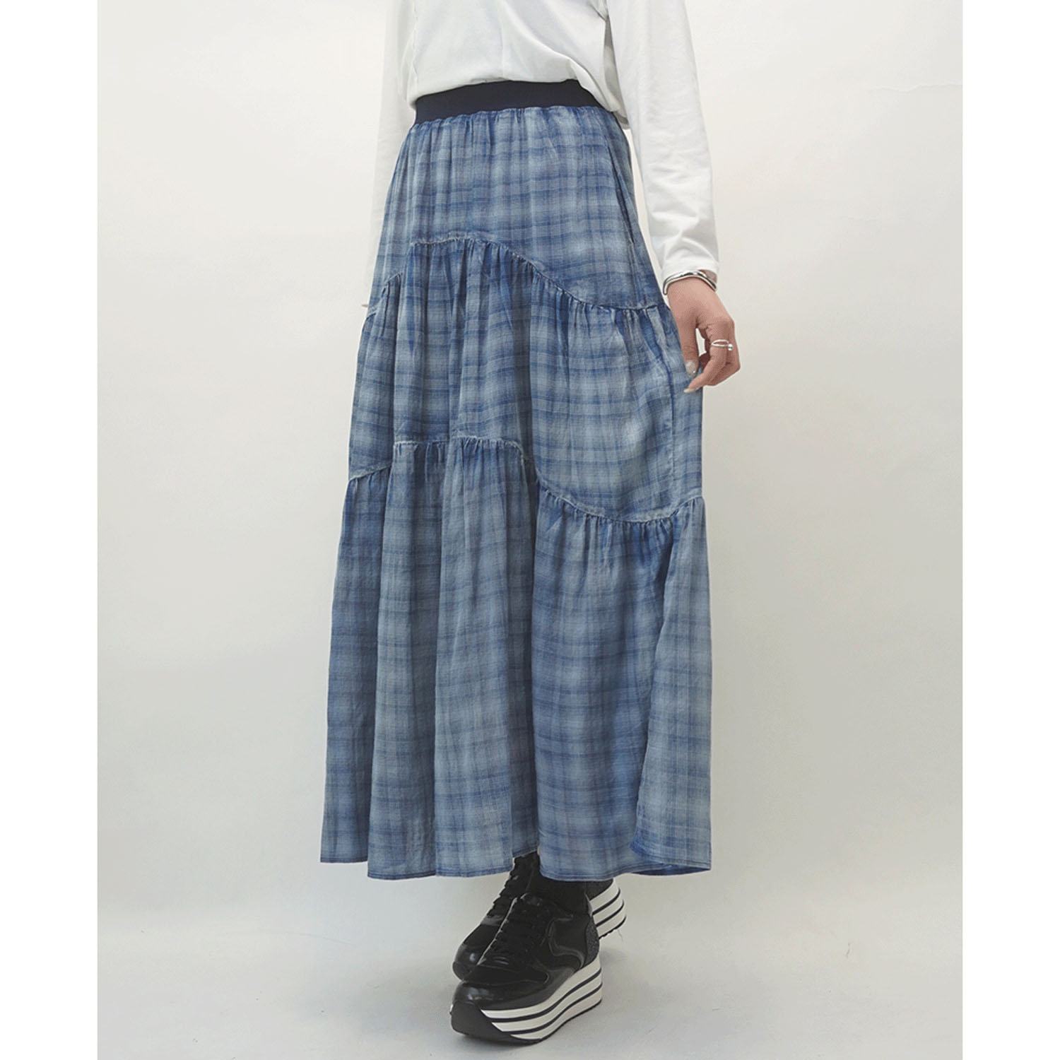 33℃ シアーデニムティアードパイピングフレアスカート - 画像1