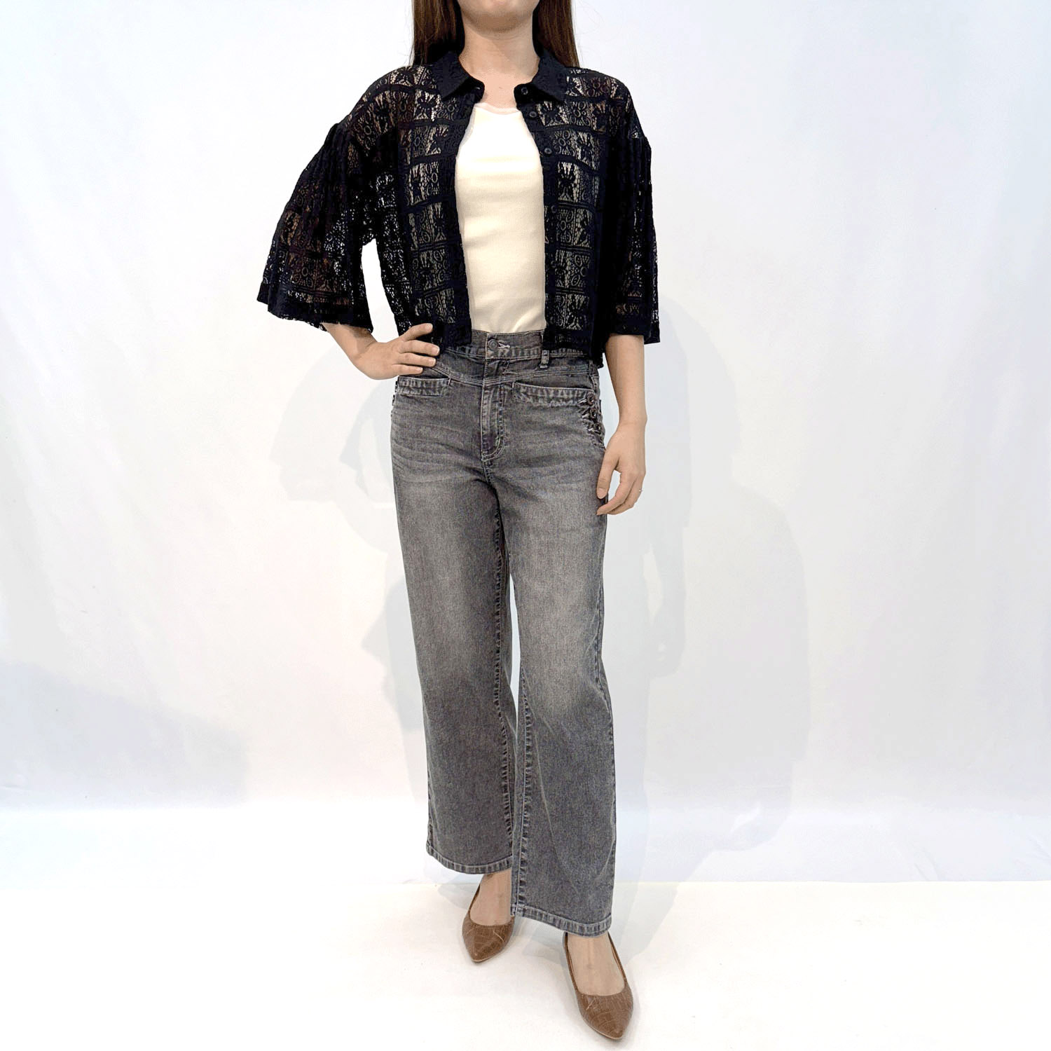 メッシュデニム釦使いワイド - 画像4