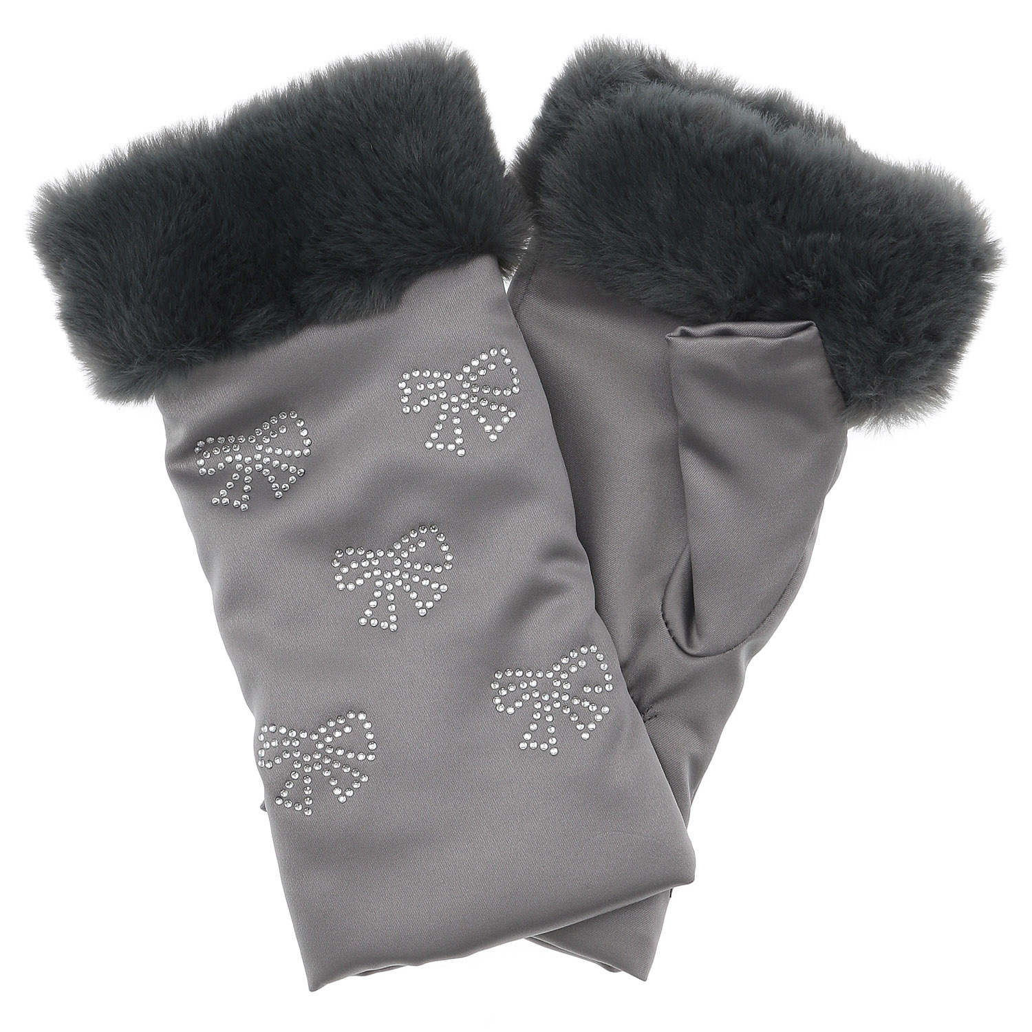 リボンストーンファーコンビハンドウォーマー