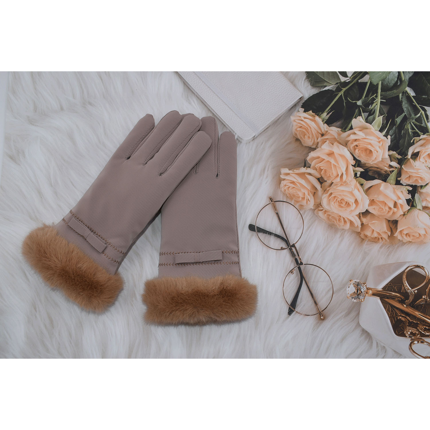ファー＆リボンショート手袋