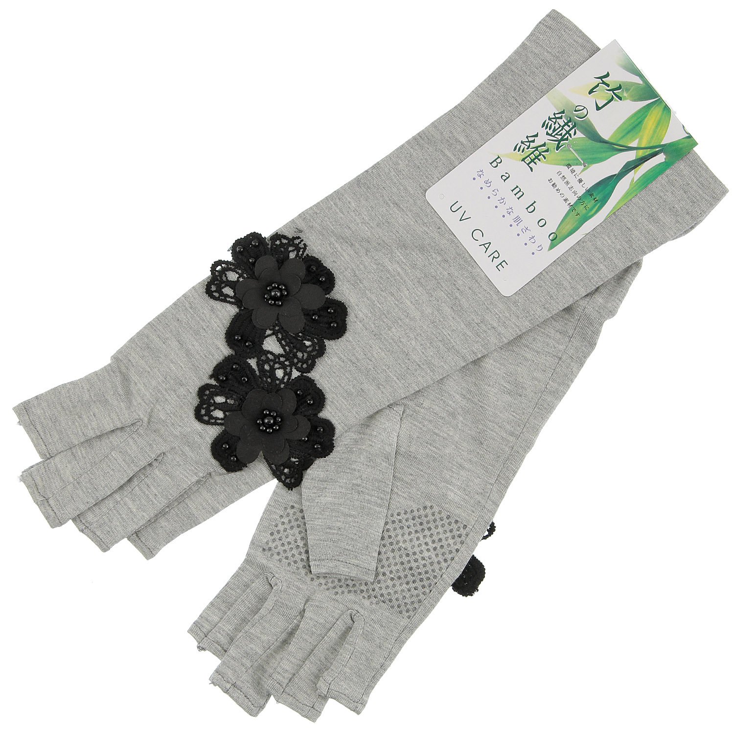 竹繊維 花付き指切りミドルアームカバー