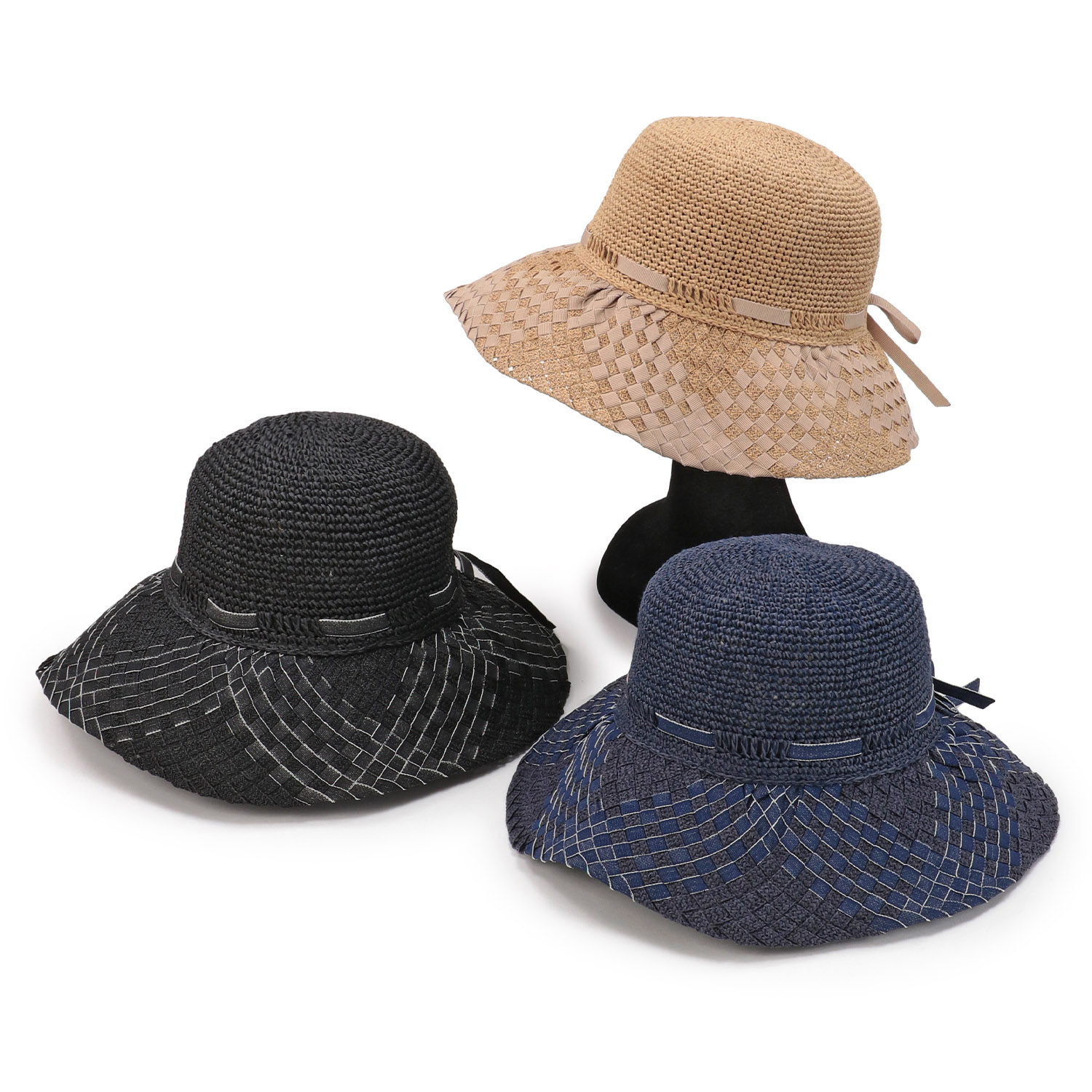 ミックス手編みリボンハット - 画像1