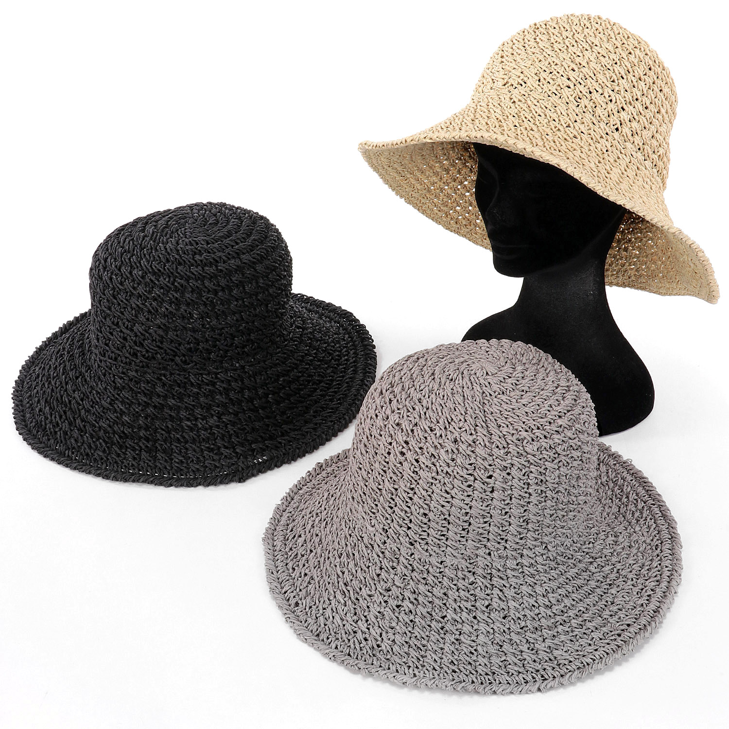 つば広ペーパー編みハット