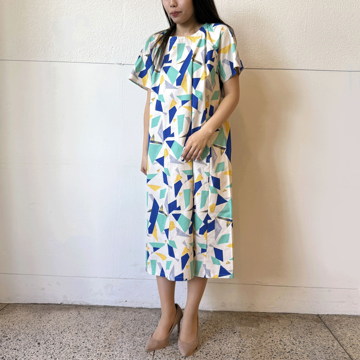 ブロード幾何柄袖フレアワンピース - 画像5