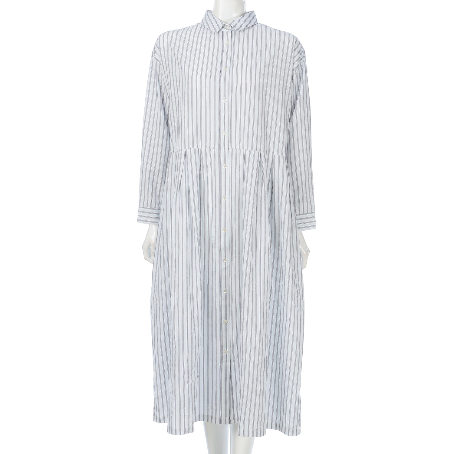 ista－ire 綿麻ストライプ柄 ウエストタックワンピース - 画像2