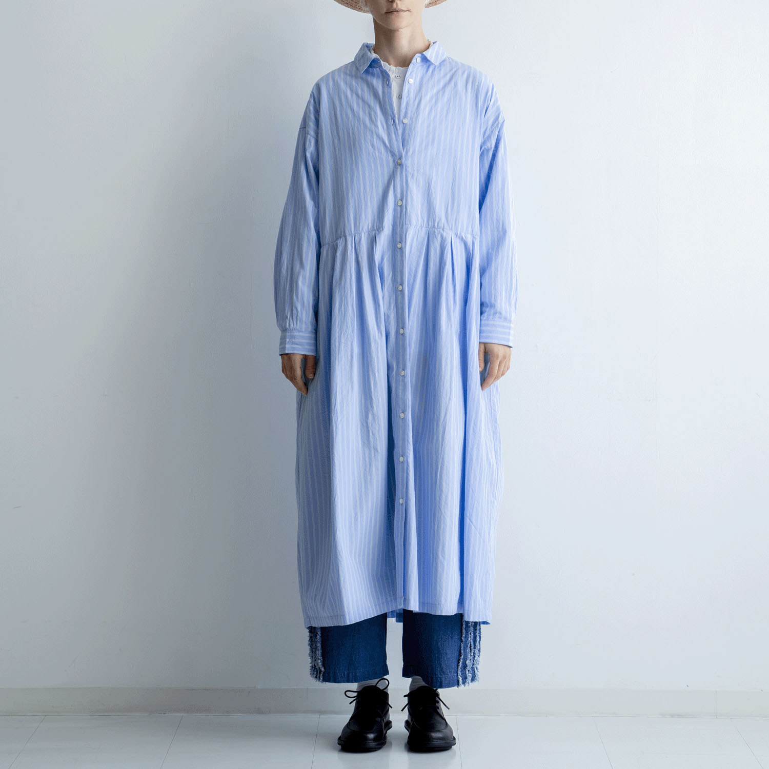 ista－ire 綿麻ストライプ柄 ウエストタックワンピース - 画像1