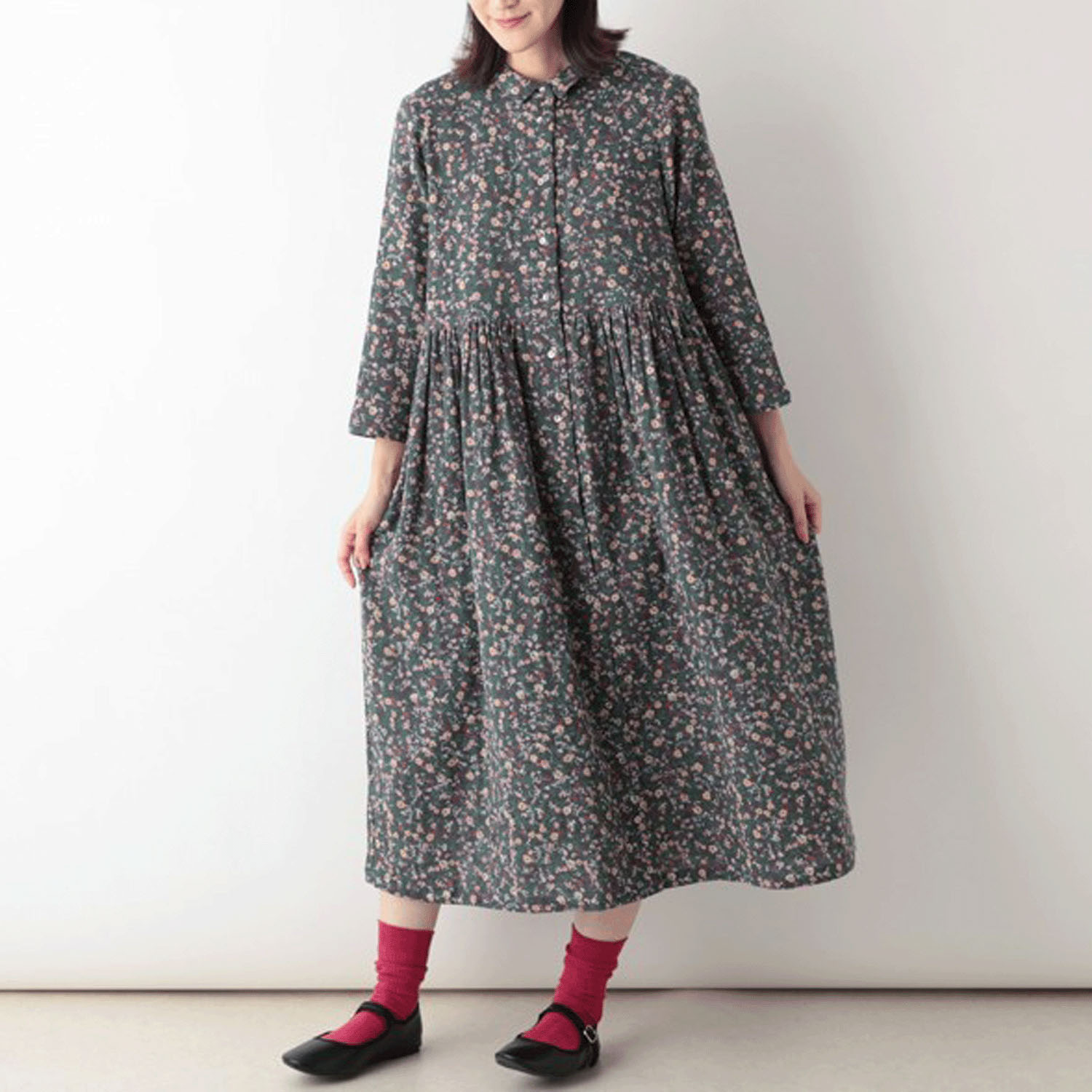 東京かんかん 小花柄コットンダブルガーゼシャツワンピース - 画像3