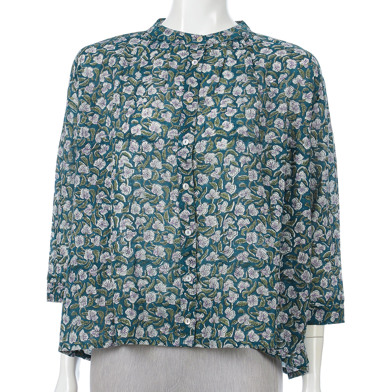 東京かんかん 花々のブロックプリントコットンリネンブラウス - 画像7