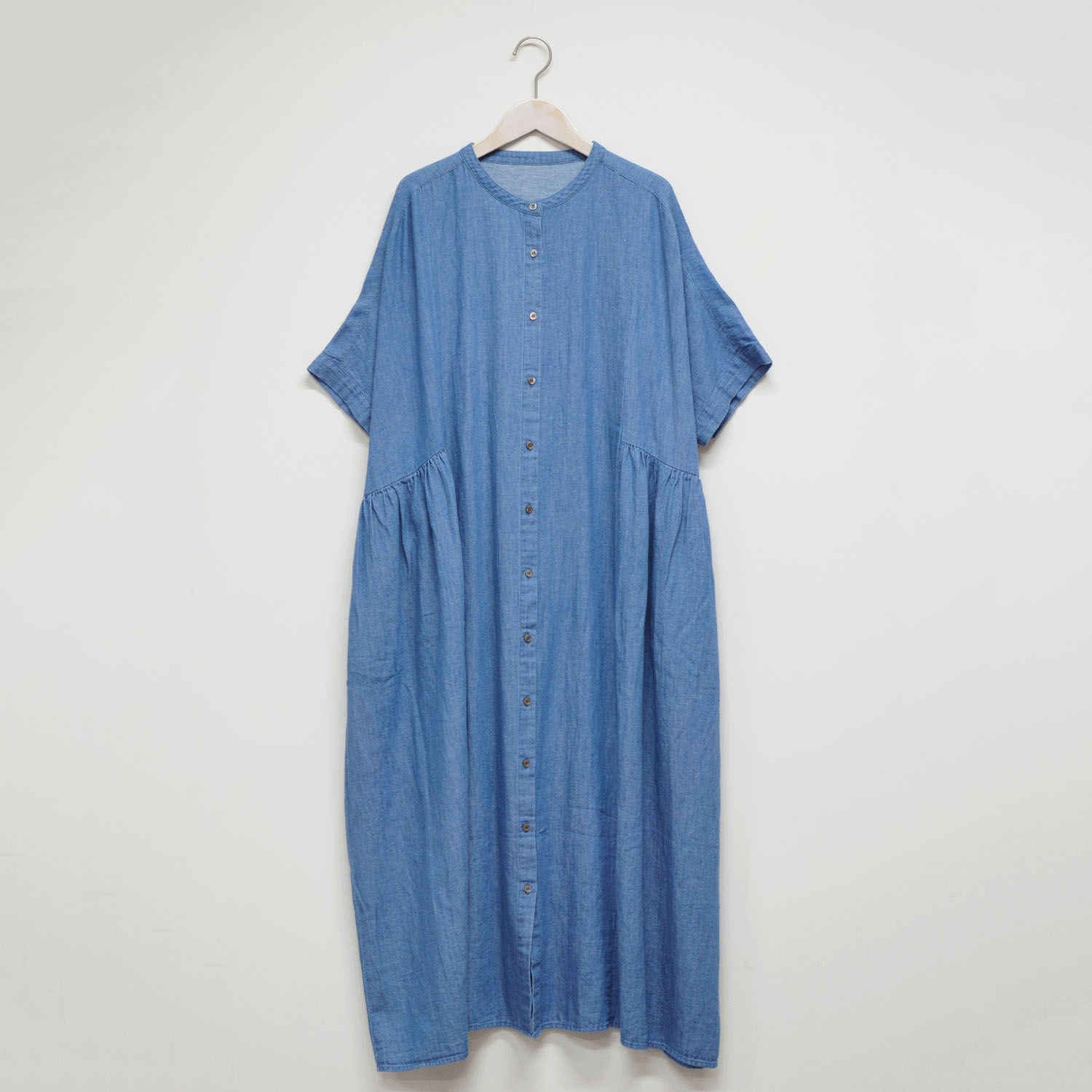 ista－ire 4．5oz綿麻甘撚りデニム（ista－ireオリジナル生地）サイドギャザーワンピース - 画像5