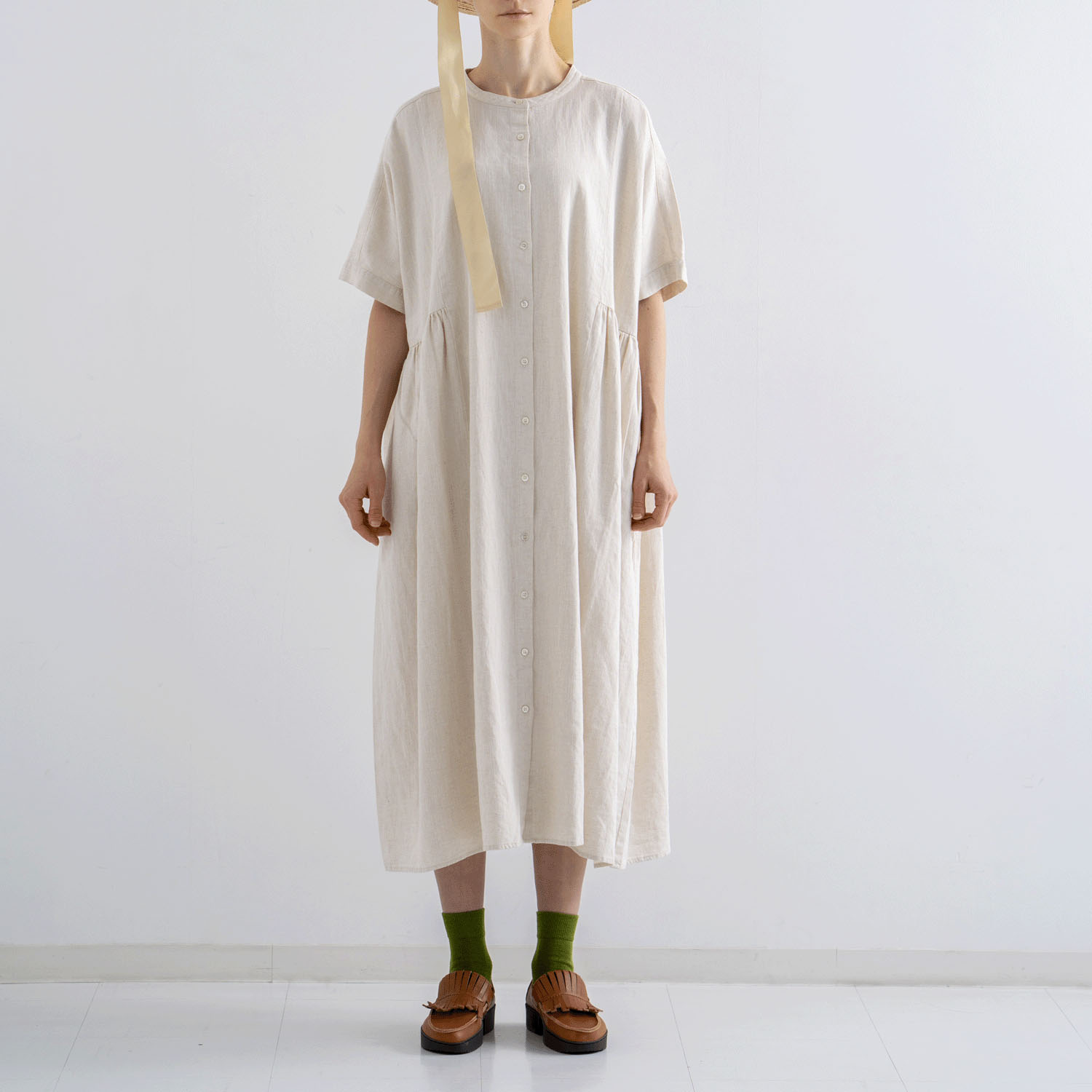 ista－ire 4．5oz綿麻甘撚りデニム（ista－ireオリジナル生地）サイドギャザーワンピース