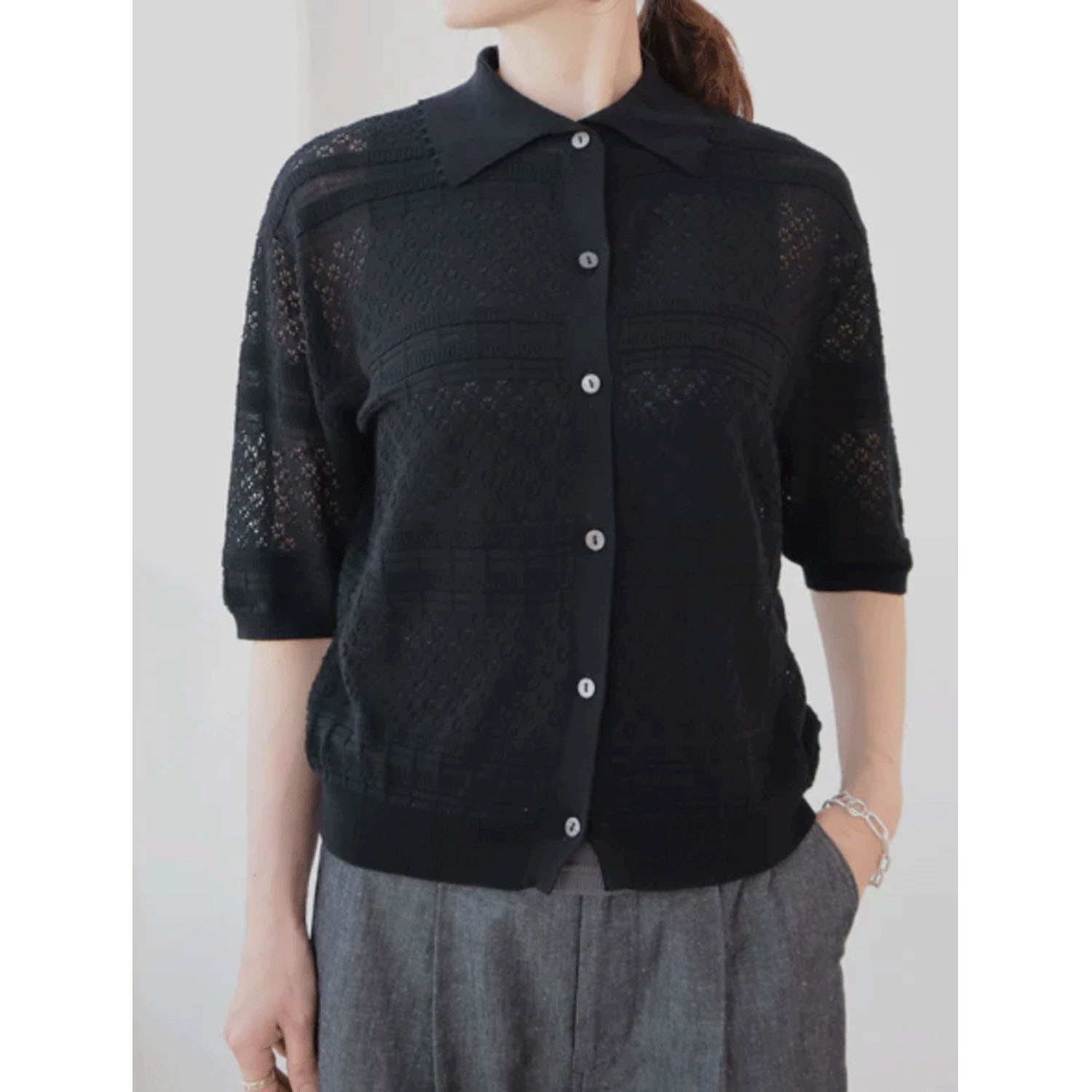 doux bleu  オープンワーク 半袖ニットシャツ - 画像4