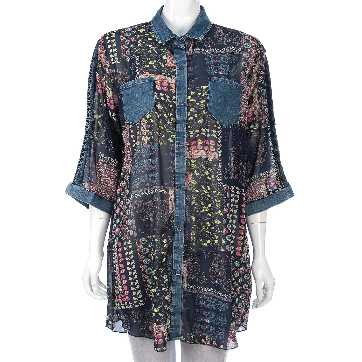 プリント×デニム切替ブラウス - 画像2