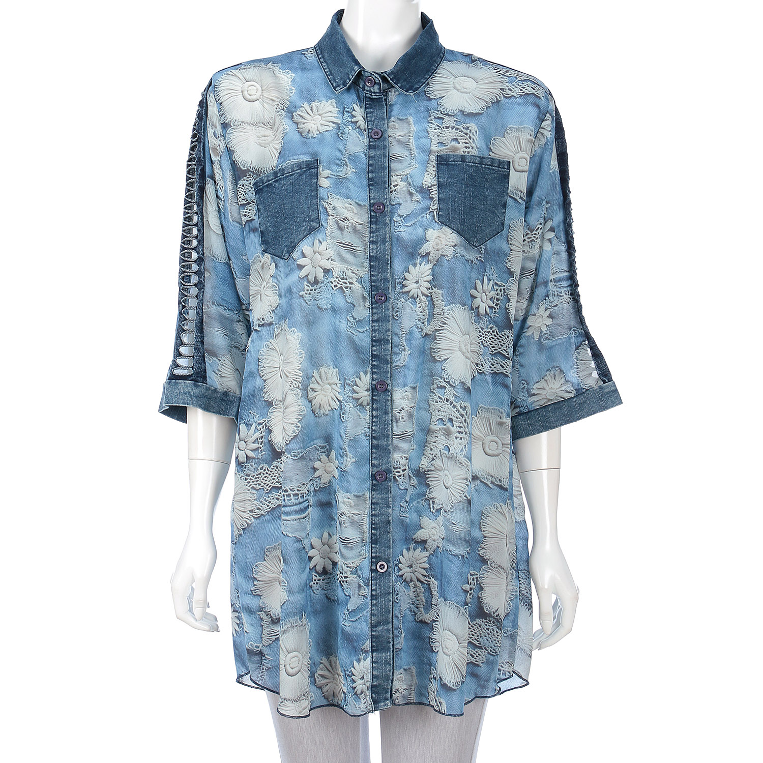 プリント×デニム切替ブラウス - 画像9