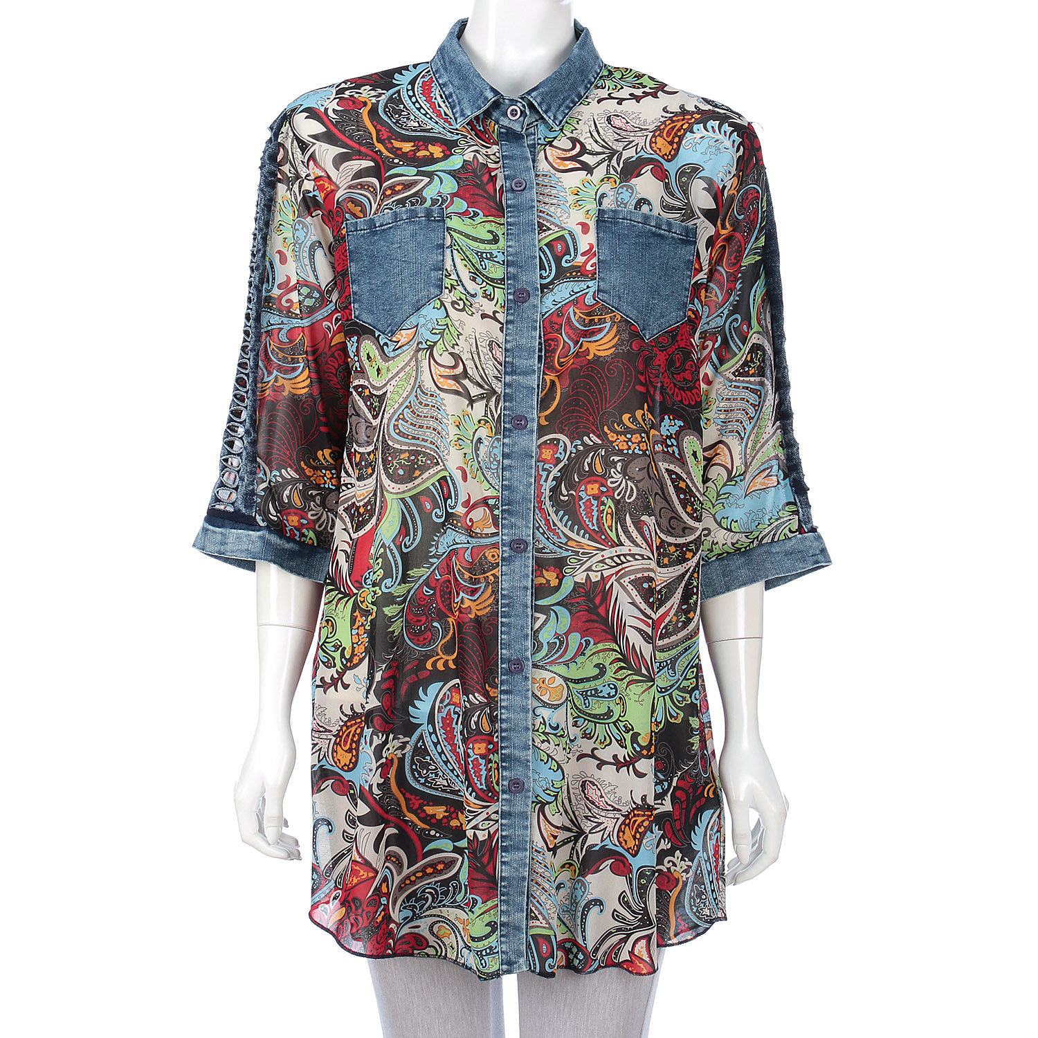 プリント×デニム切替ブラウス - 画像1