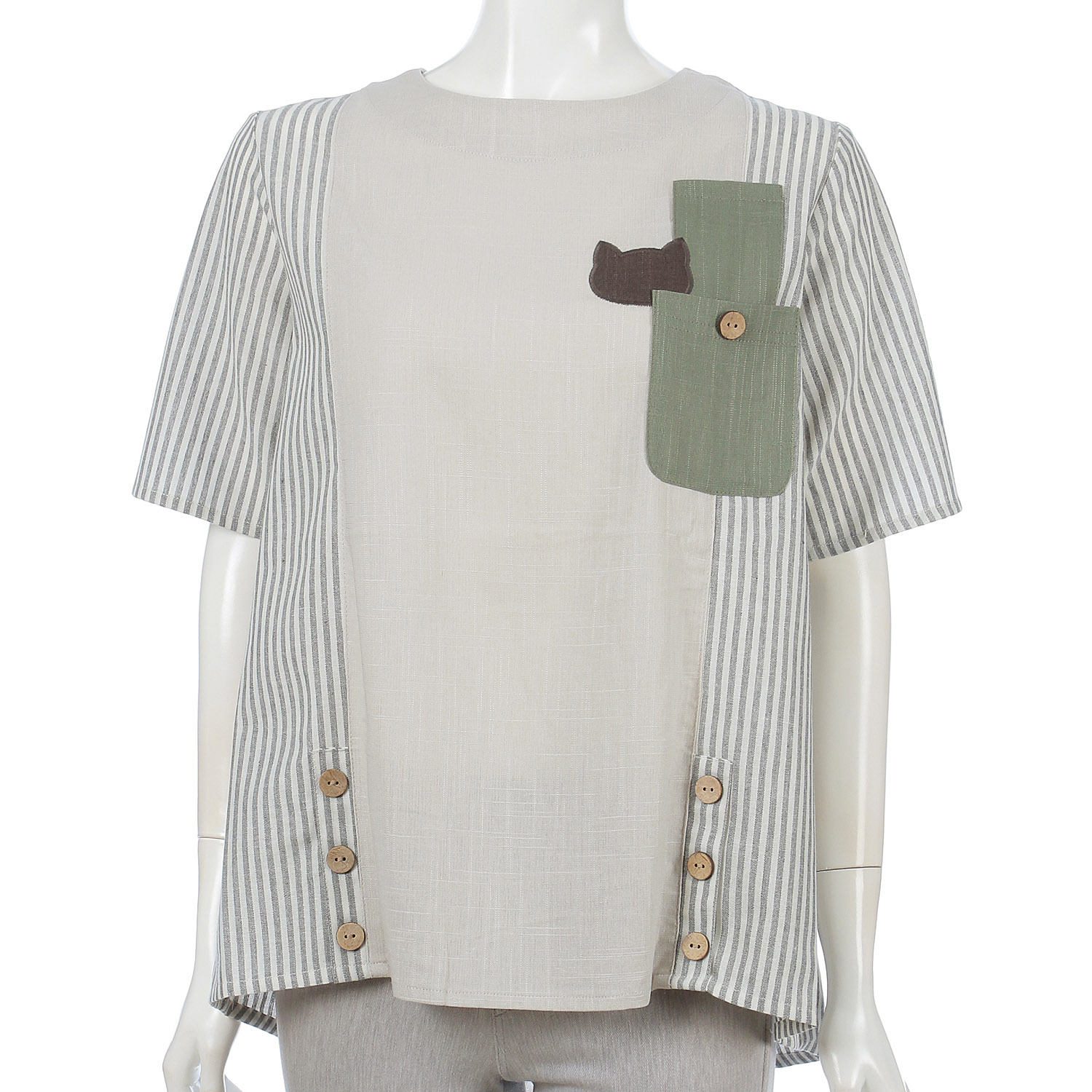 ストライプ切替ネコモチーフプルオーバー