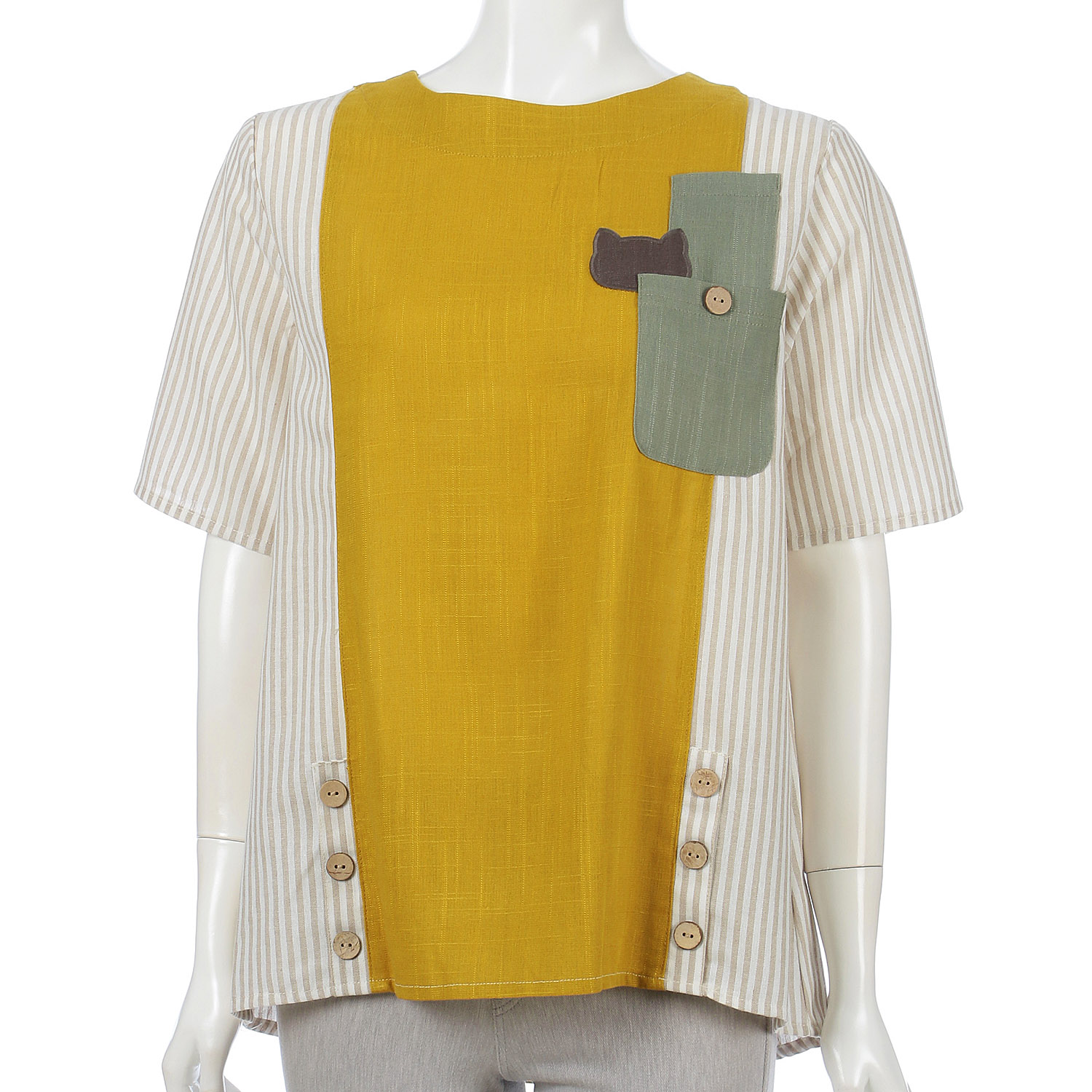 ストライプ切替ネコモチーフプルオーバー - 画像1