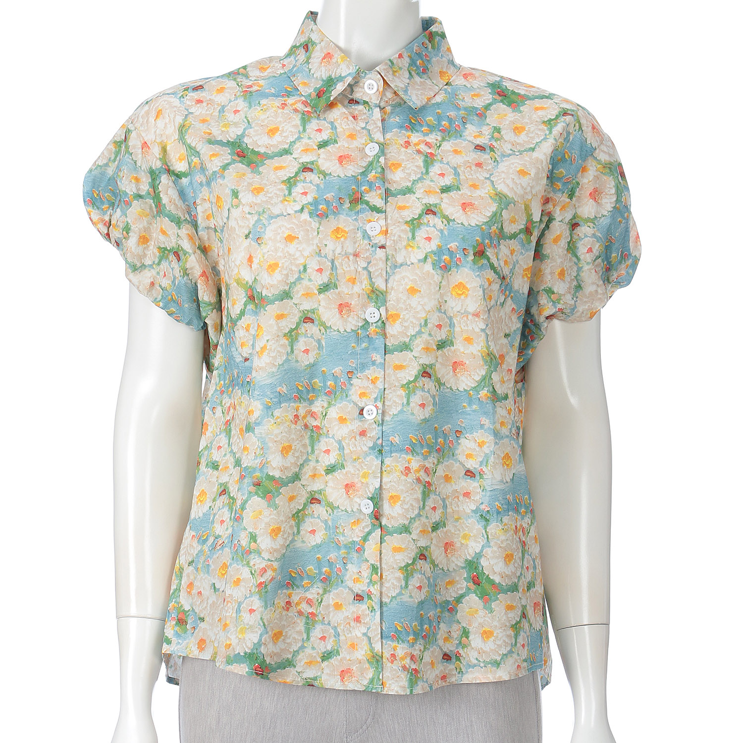 KhakiKoji アートフラワーパフスリーブシャツ - 画像1