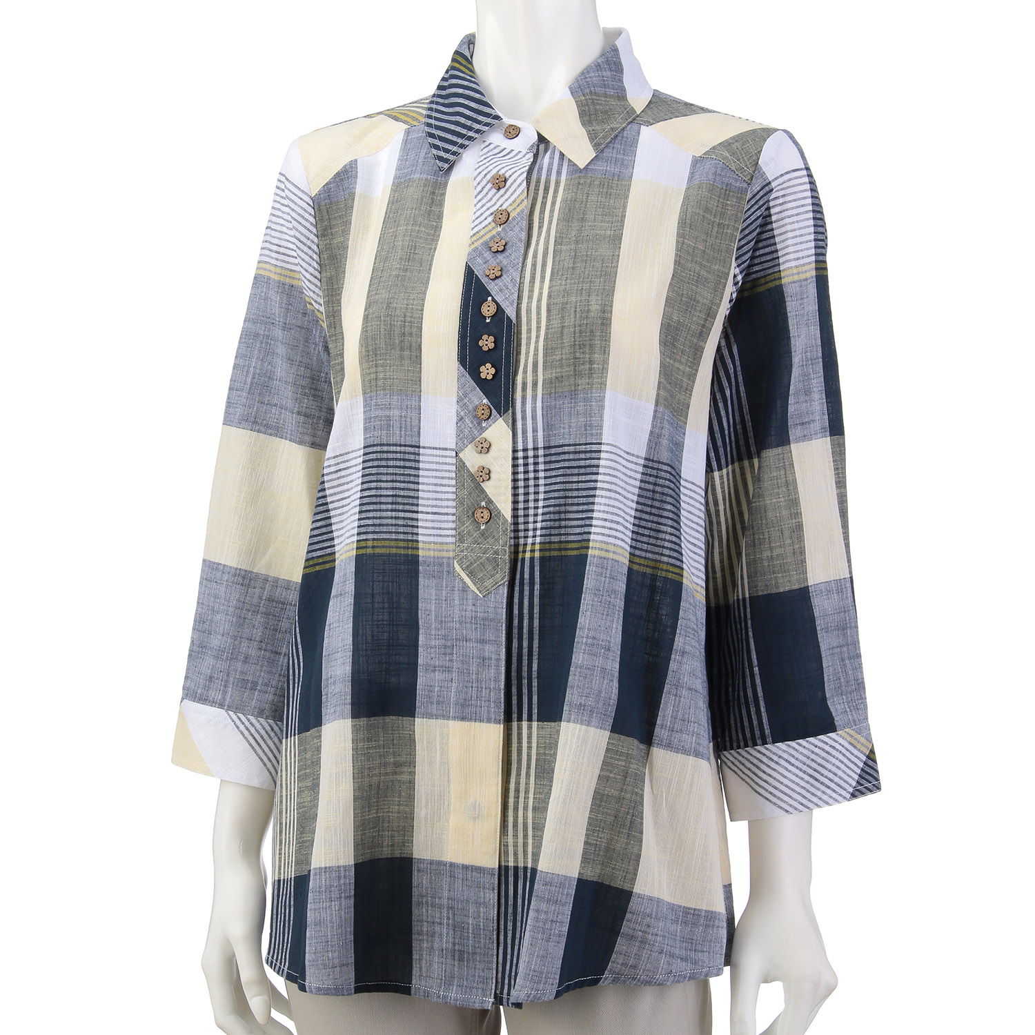 綿先染め格子ブラウス - 画像1