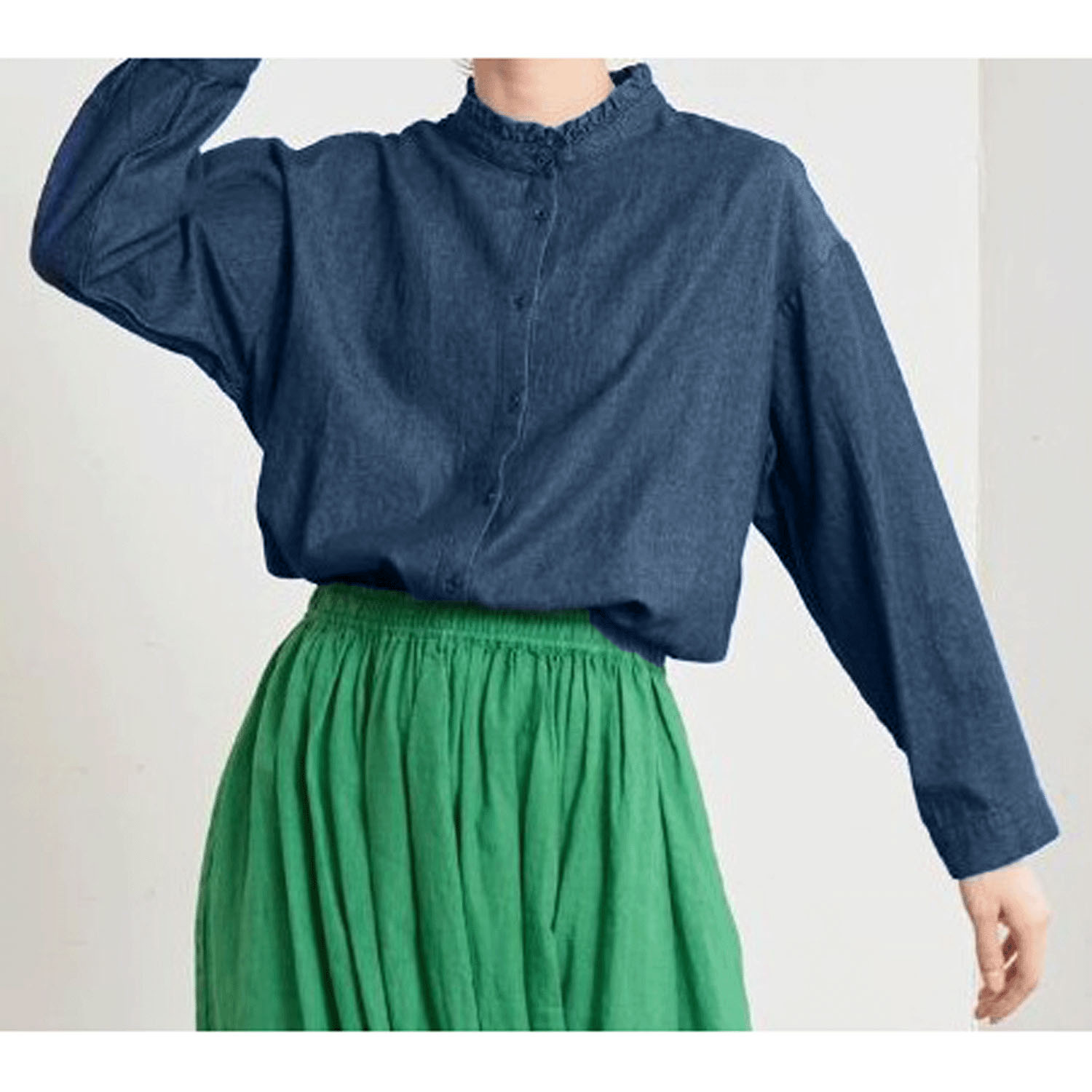 Amitie フレイデニムスタンドカラーブラウス - 画像3