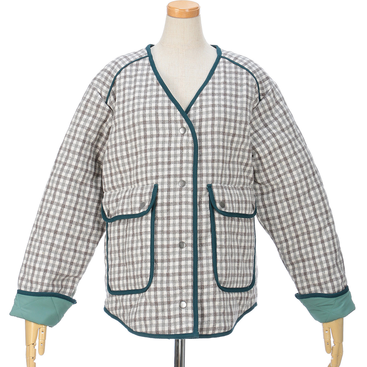 le colis フェイクウールチェックキルト薄中綿ジャケット - 画像2