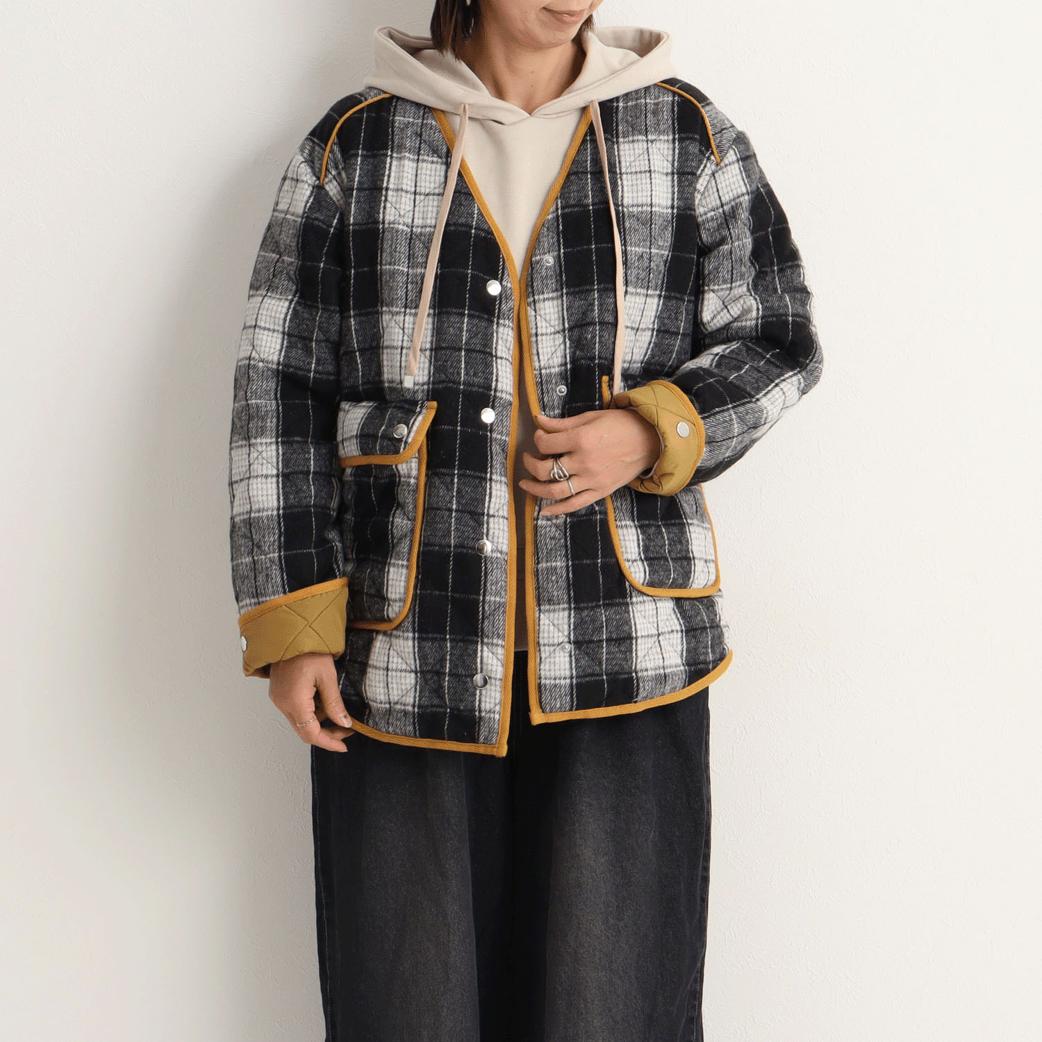 le colis フェイクウールチェックキルト薄中綿ジャケット - 画像7
