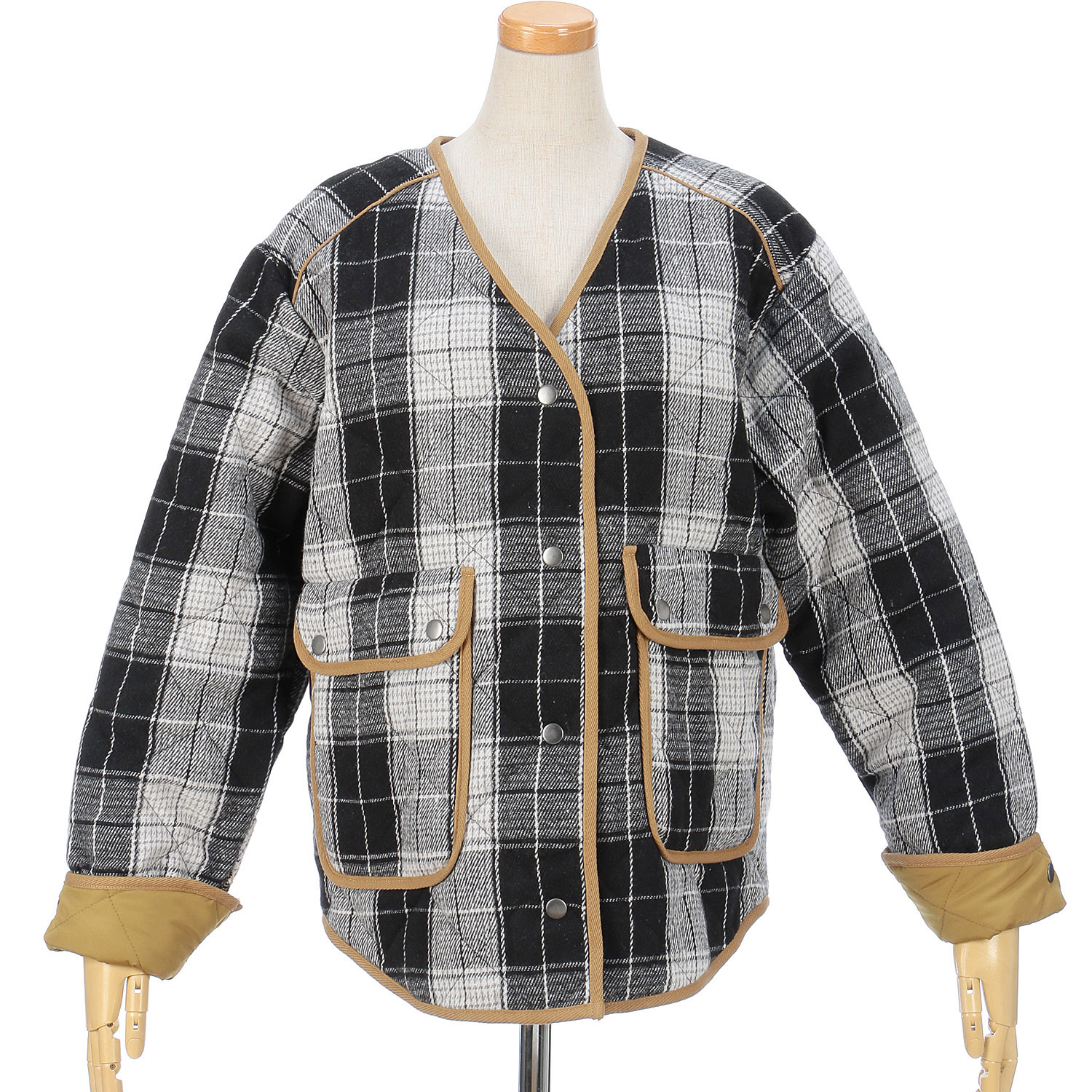 le colis フェイクウールチェックキルト薄中綿ジャケット - 画像10