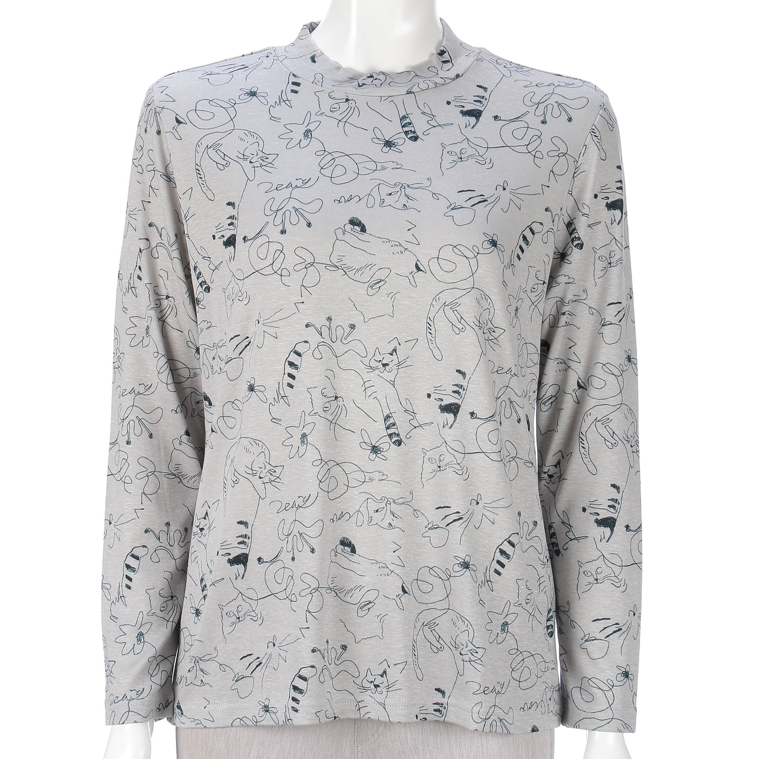 猫柄プリントハイネックプルオーバー - 画像1