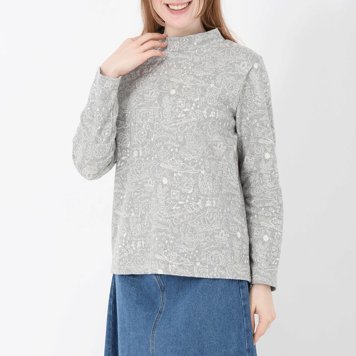 T’BIS STUDIO 長袖ネコ柄ダブルジャカード起毛ハイネックカットソー - 画像3