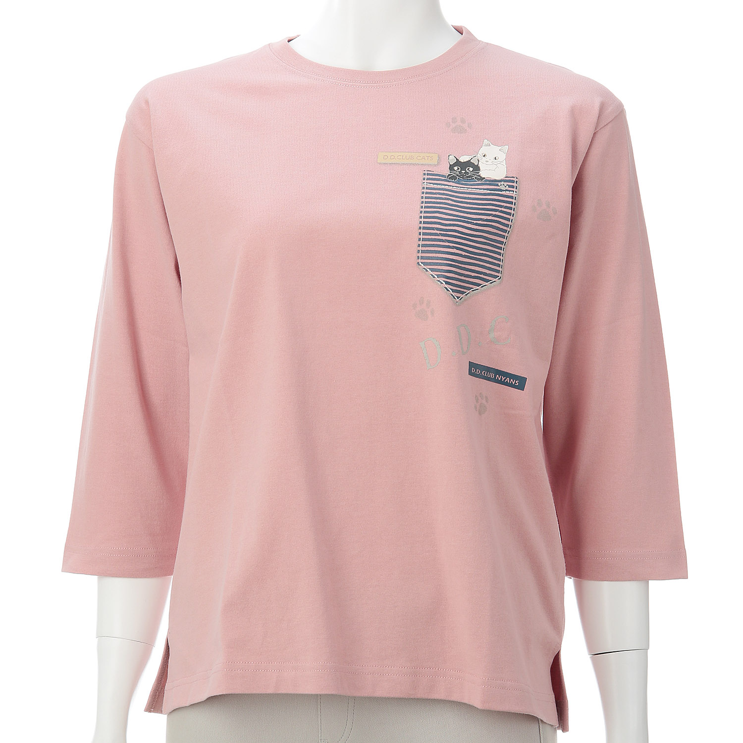 DDCLUB 7分袖T ネコ2匹