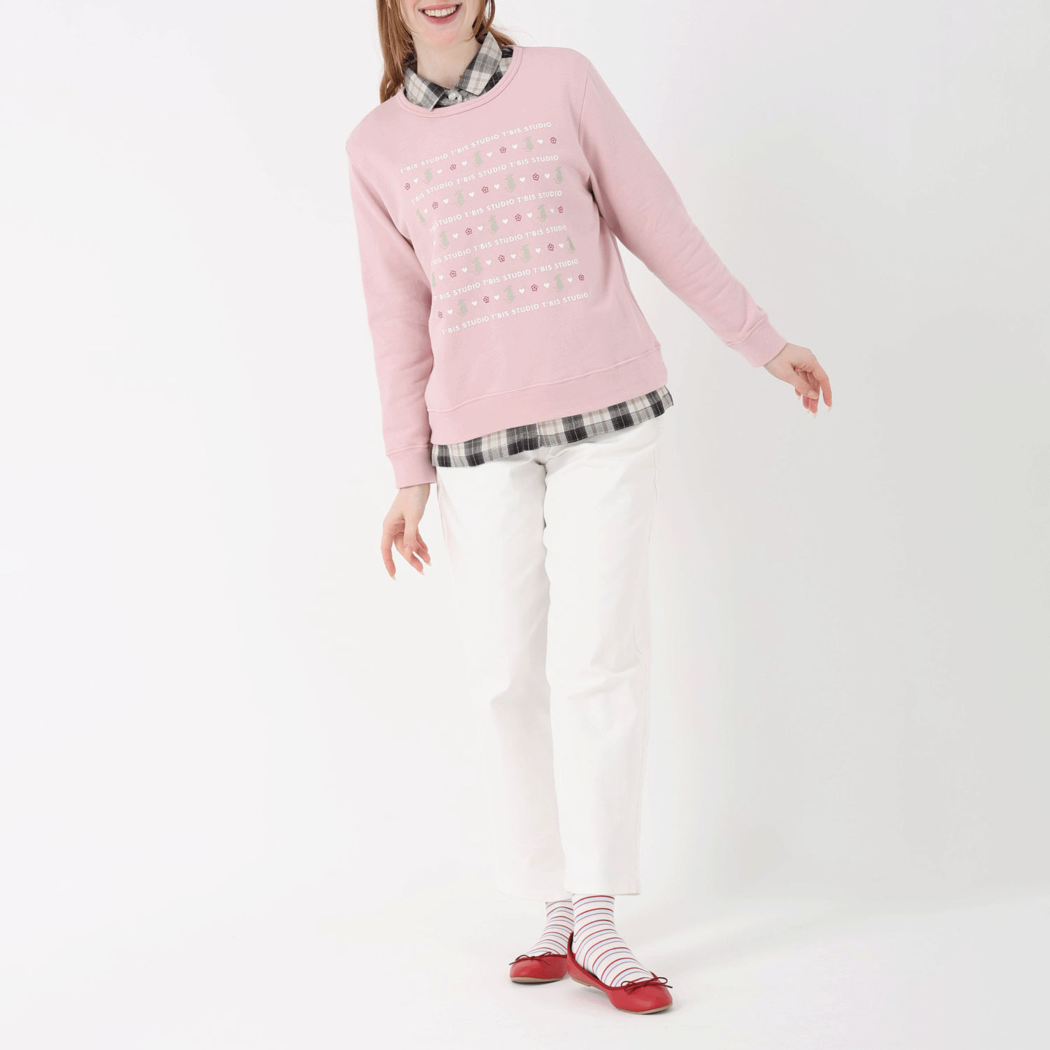 T’BIS STUDIO 長袖裏毛猫プリントクルーネックトレーナー - 画像2