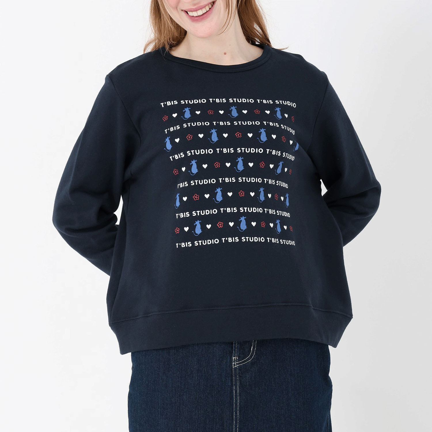 T’BIS STUDIO 長袖裏毛猫プリントクルーネックトレーナー - 画像11