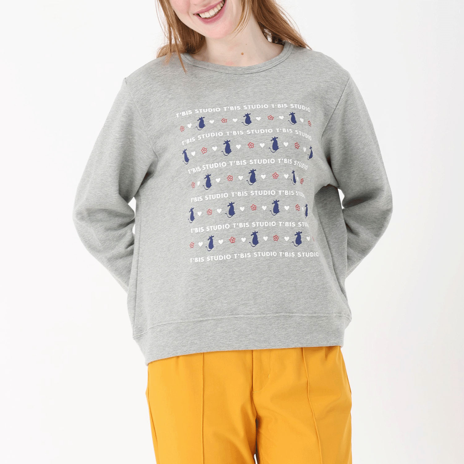 T’BIS STUDIO 長袖裏毛猫プリントクルーネックトレーナー - 画像3