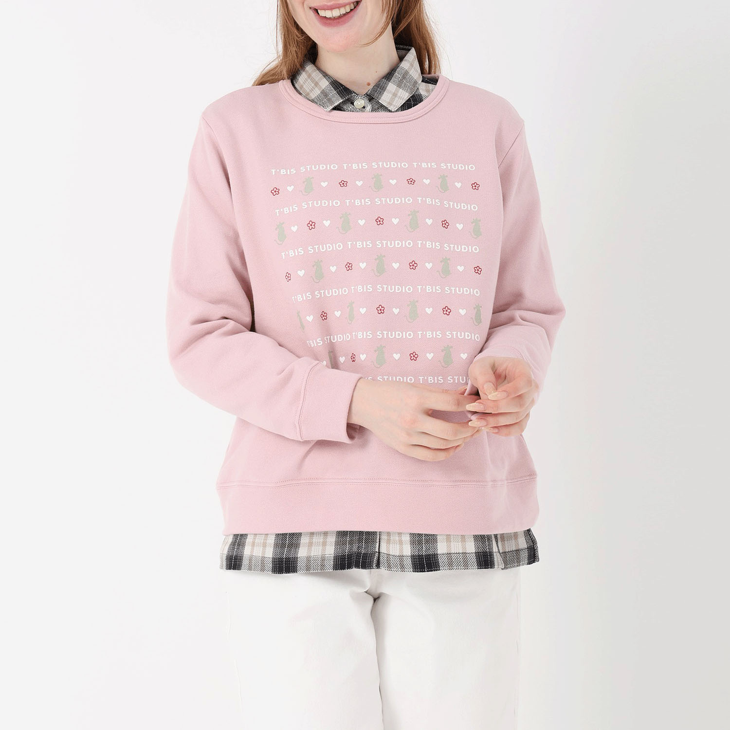 T’BIS STUDIO 長袖裏毛猫プリントクルーネックトレーナー - 画像1