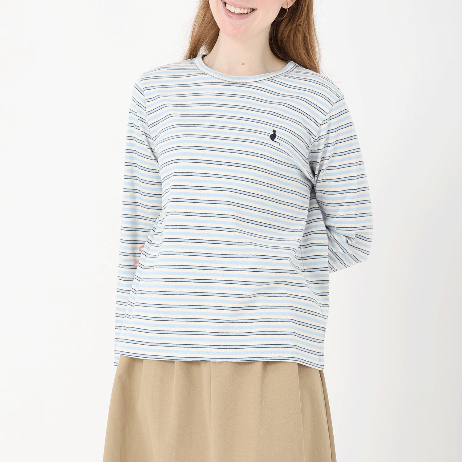 T’BIS STUDIO 長袖ボーダーネコ刺繍クルーネックプルオーバー - 画像11