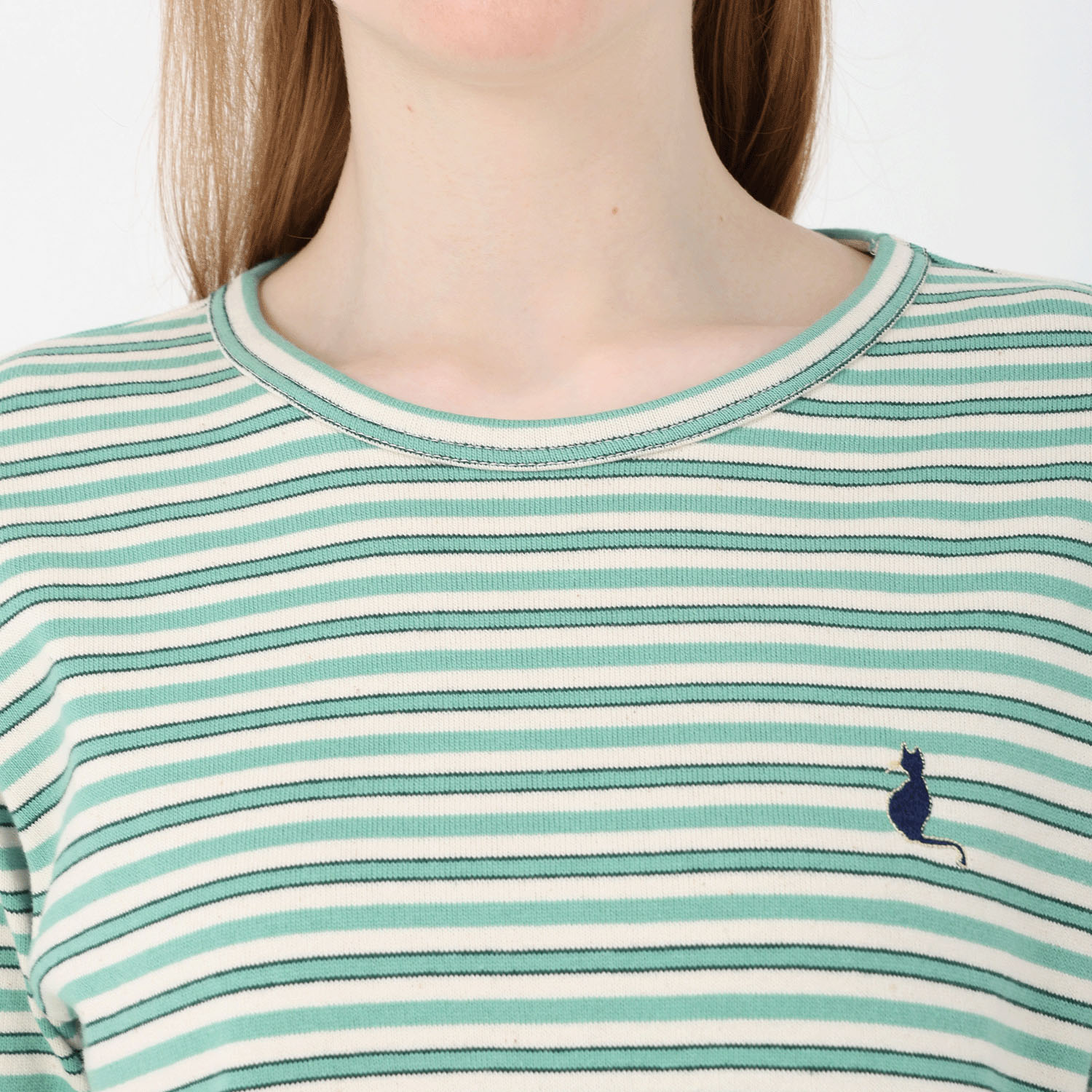 T’BIS STUDIO 長袖ボーダーネコ刺繍クルーネックプルオーバー - 画像4