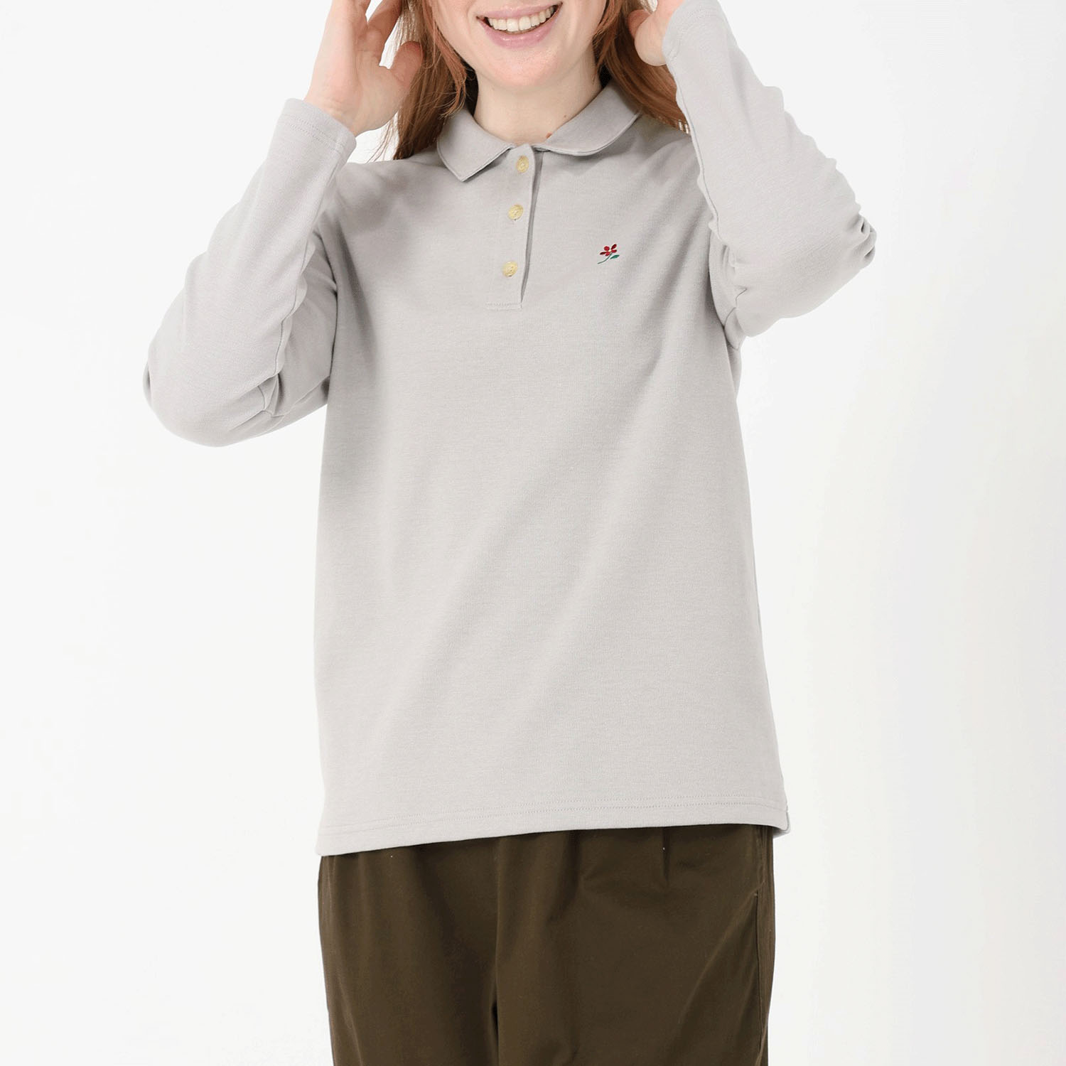 T’BIS STUDIO 長袖ダブルフェイス花刺繍ポロシャツ - 画像1