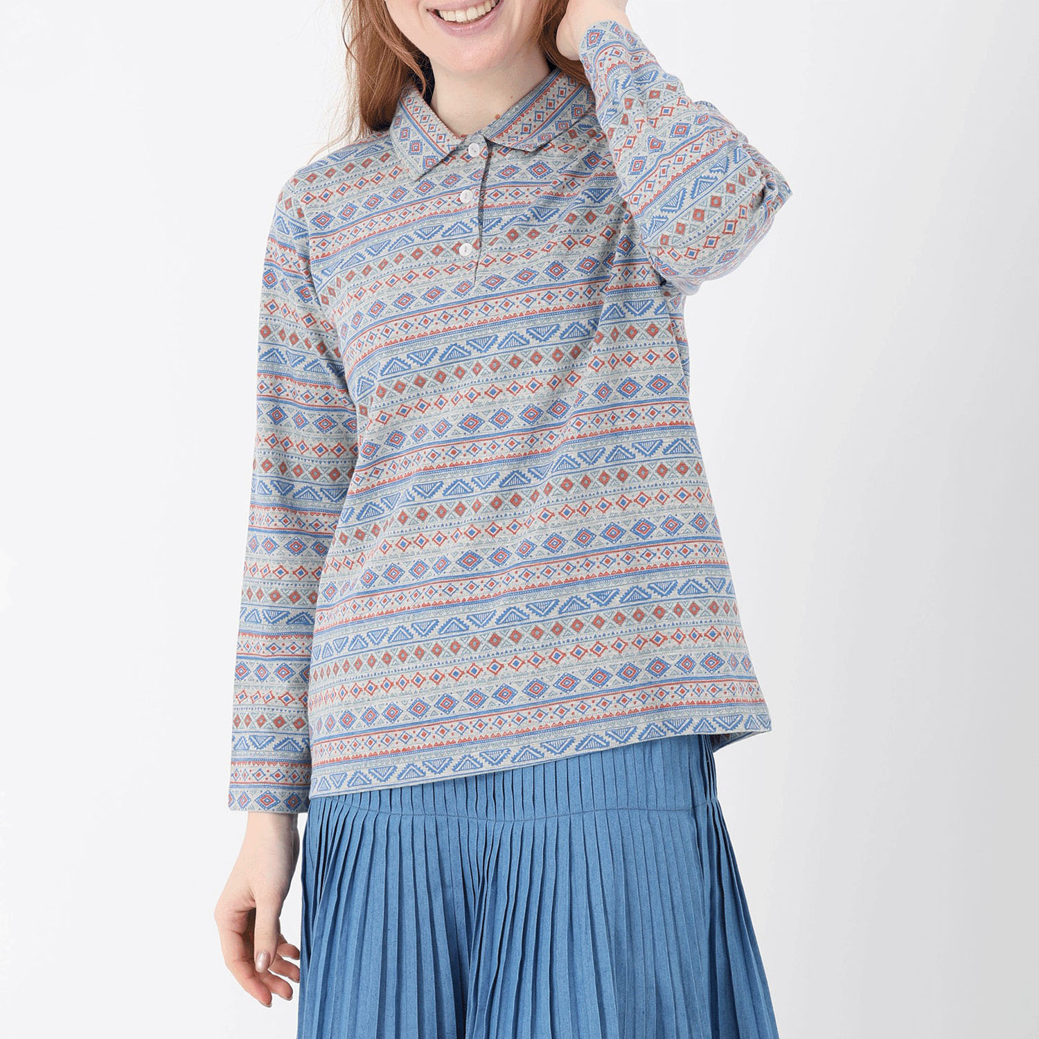 T’BIS STUDIO 長袖幾何柄総プリントポロシャツ