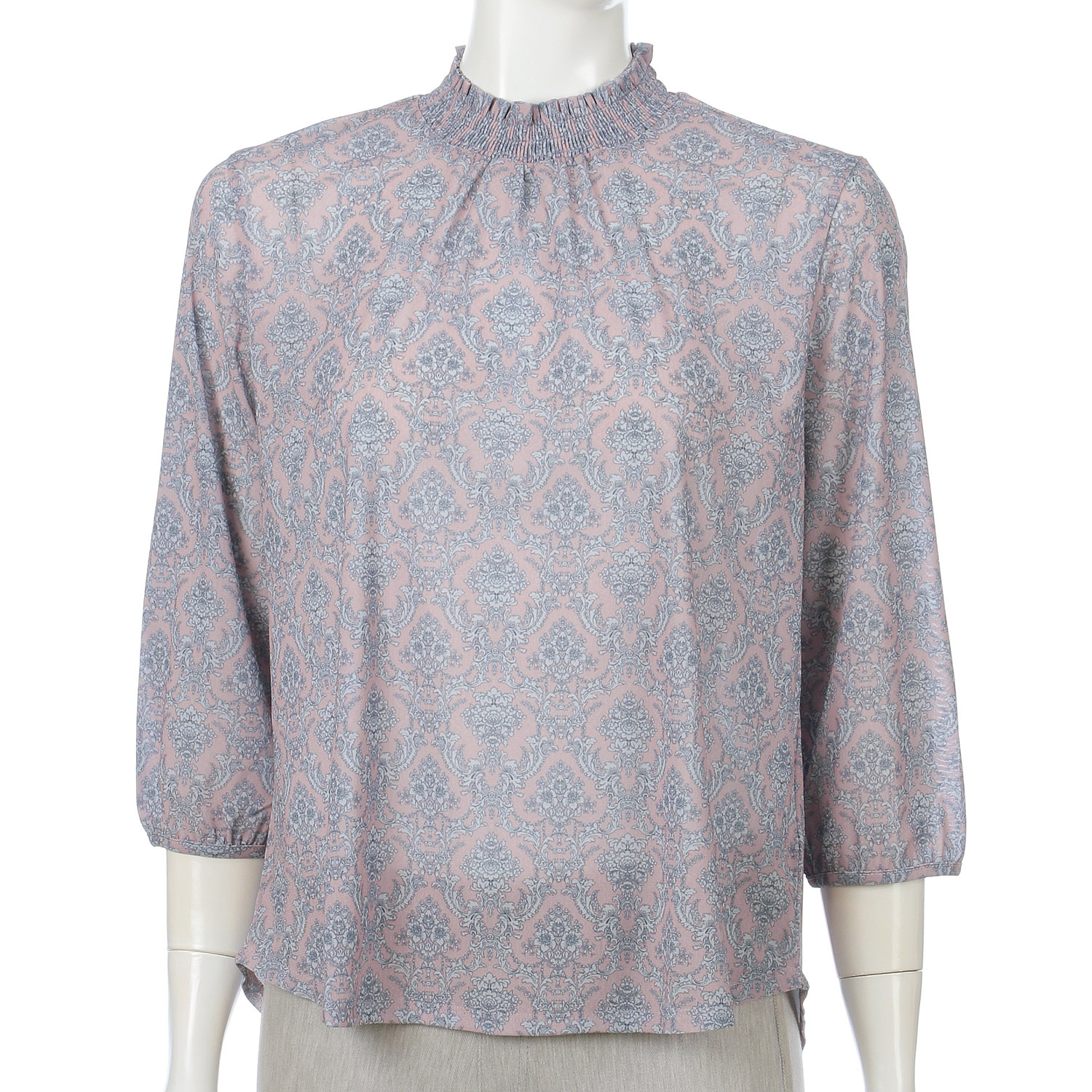 トリプルメッシュ更紗柄シャーリングハイネック七分袖プルオーバー - 画像1