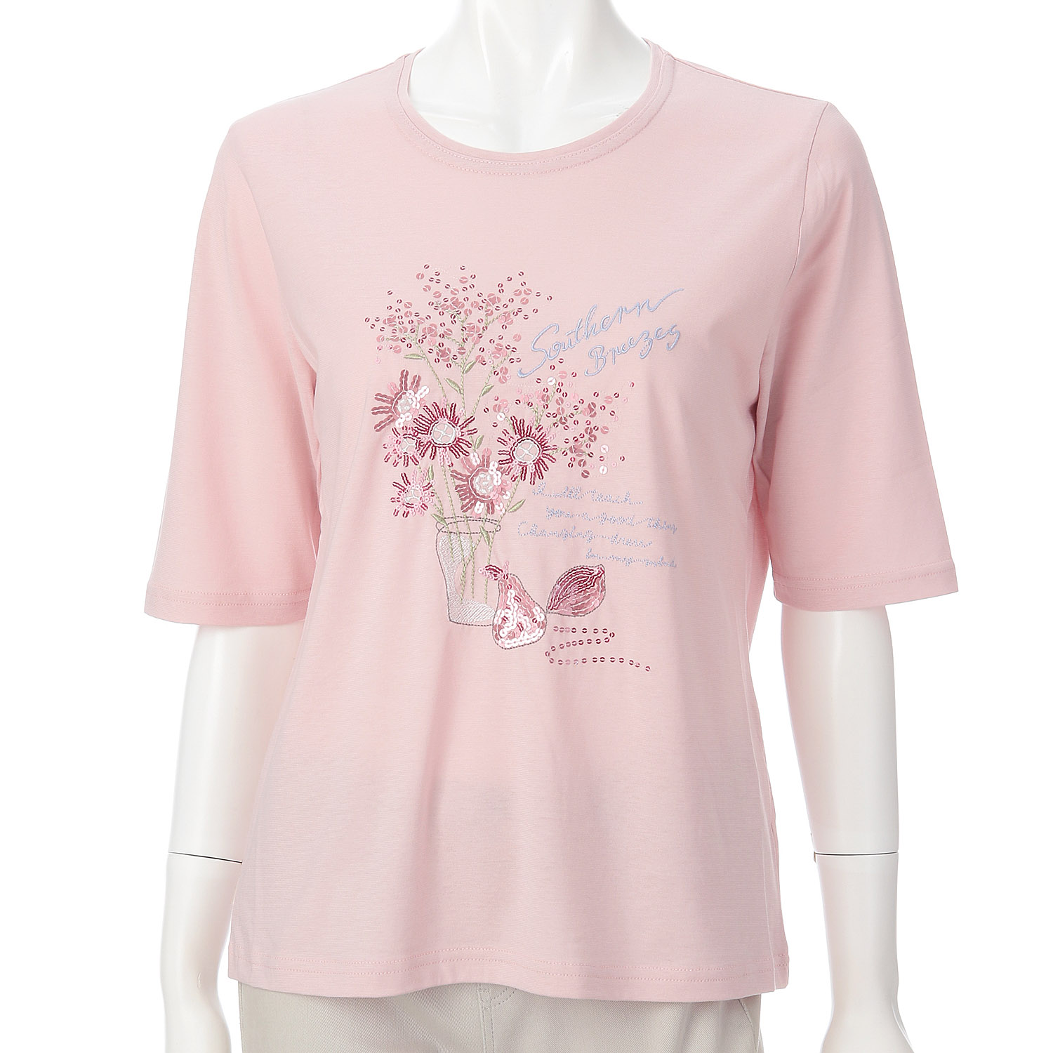 丸首5分袖刺繍 花瓶花柄Tシャツ - 画像1