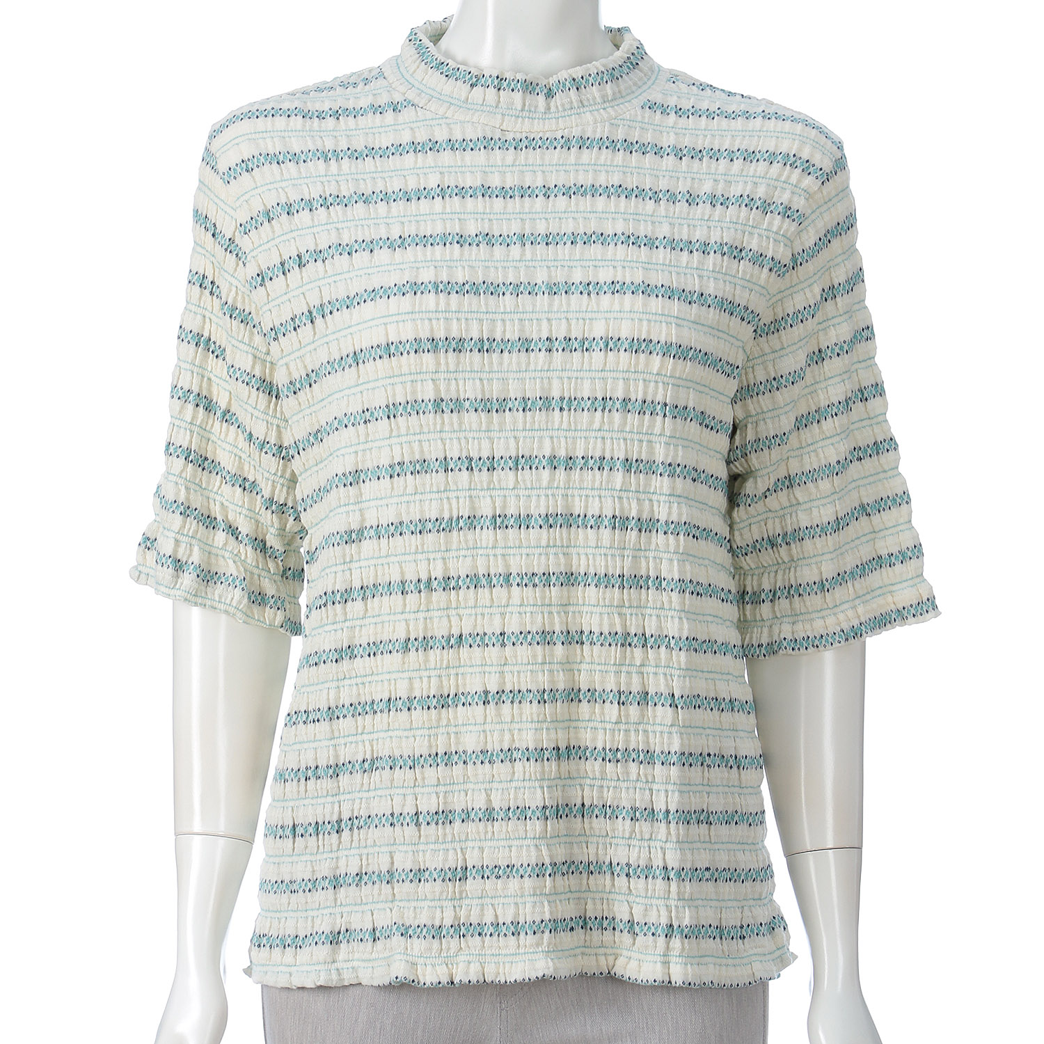 T’BIS STUDIO シャーリングジャカード小花柄ハイネック5分袖Tシャツ - 画像14