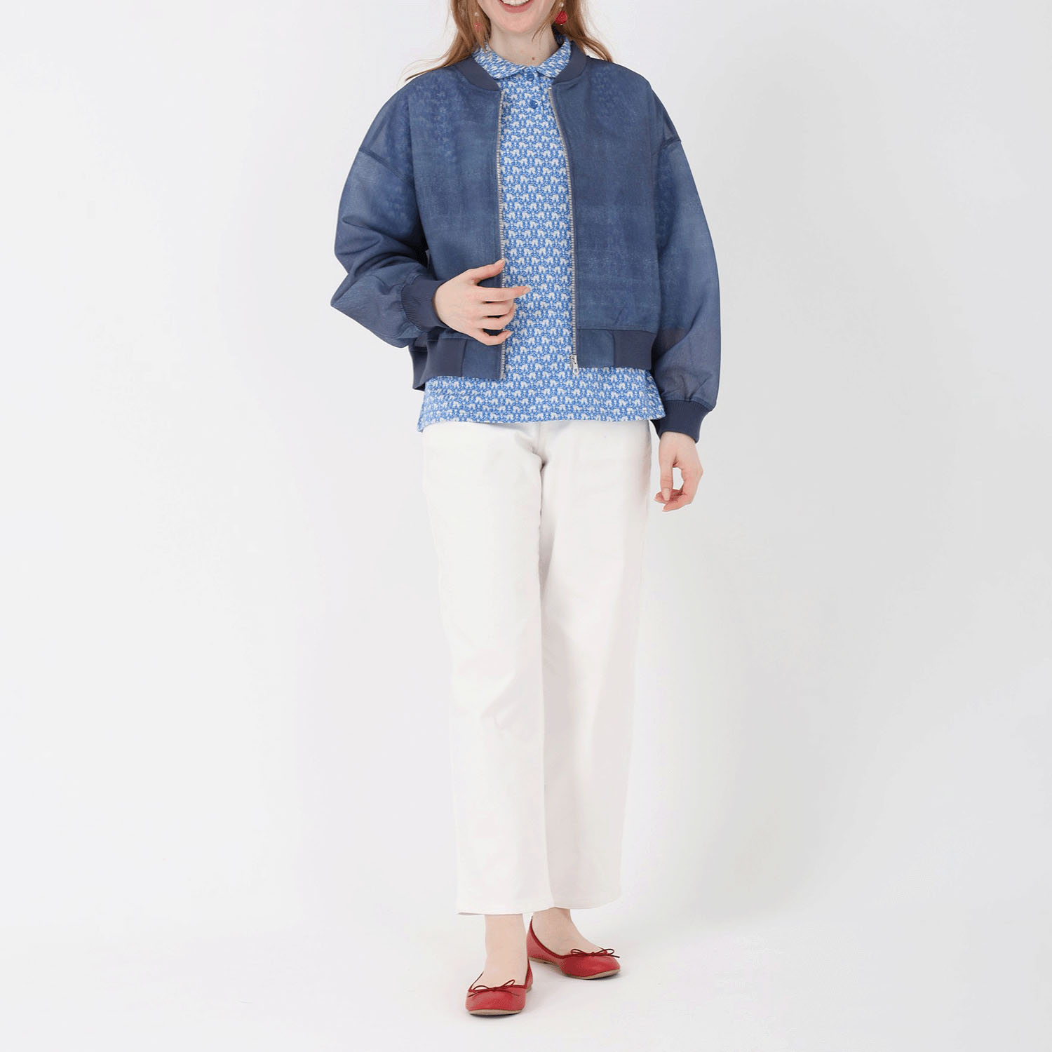 T’BIS STUDIO ネコ柄シングルジャカード丸襟7分袖ポロシャツ - 画像2