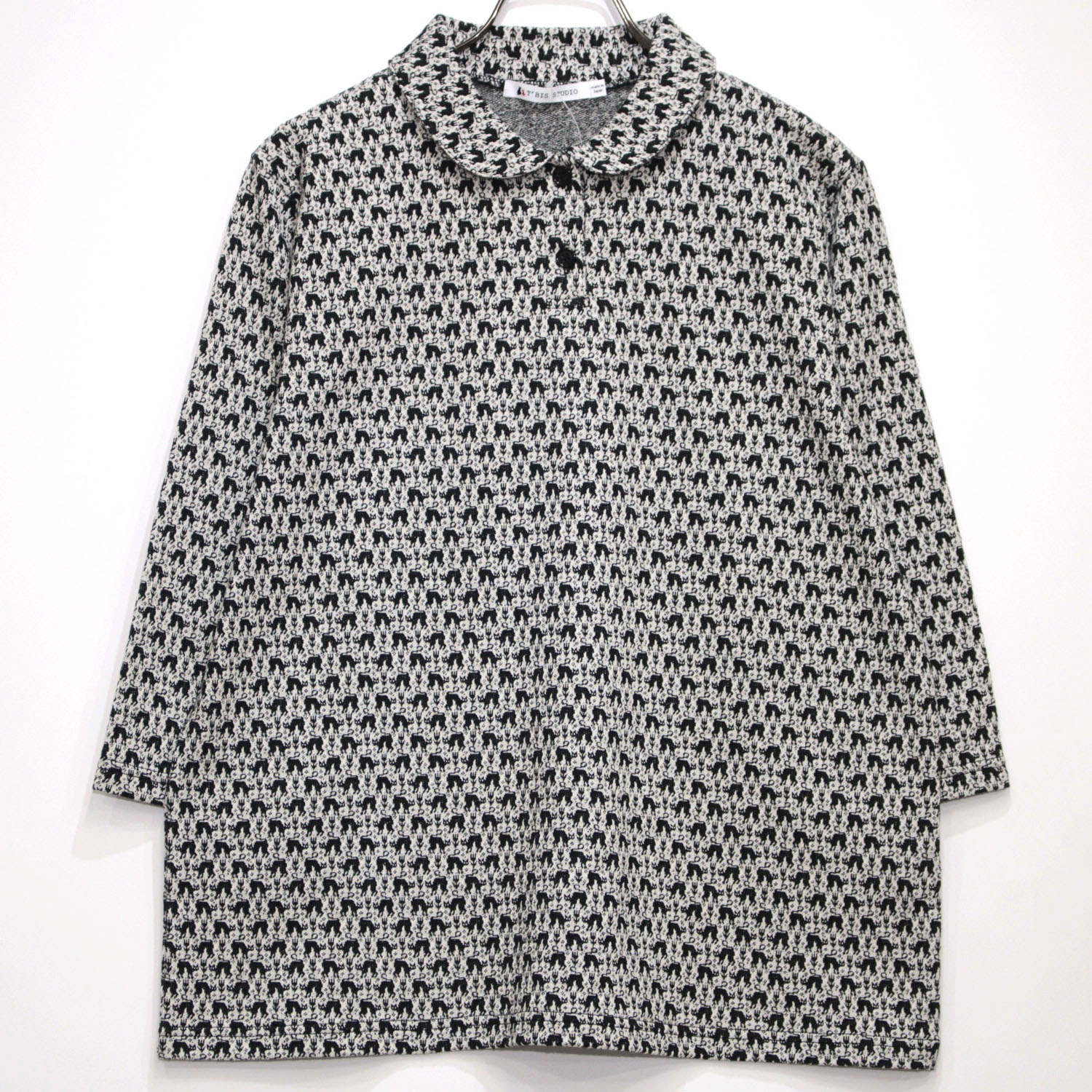 T’BIS STUDIO ネコ柄シングルジャカード丸襟7分袖ポロシャツ - 画像5