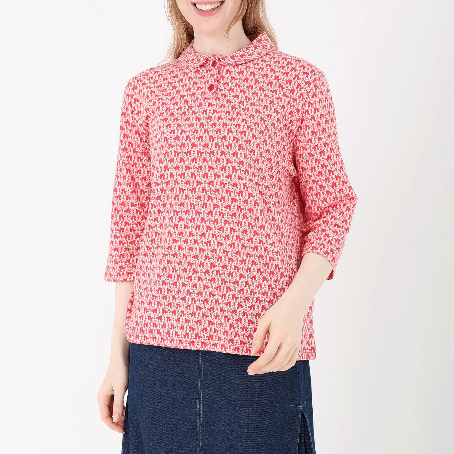 T’BIS STUDIO ネコ柄シングルジャカード丸襟7分袖ポロシャツ - 画像7