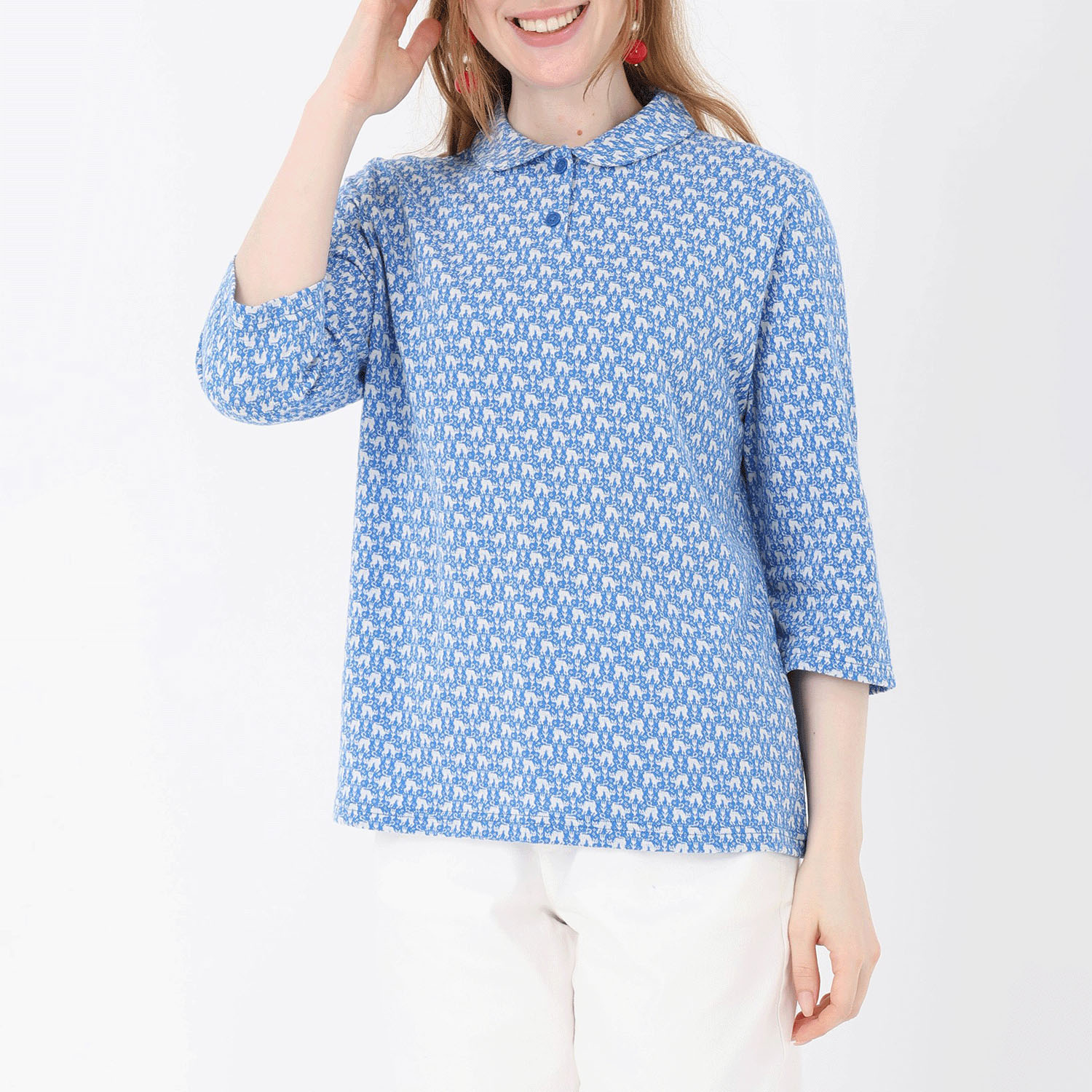 T’BIS STUDIO ネコ柄シングルジャカード丸襟7分袖ポロシャツ - 画像1