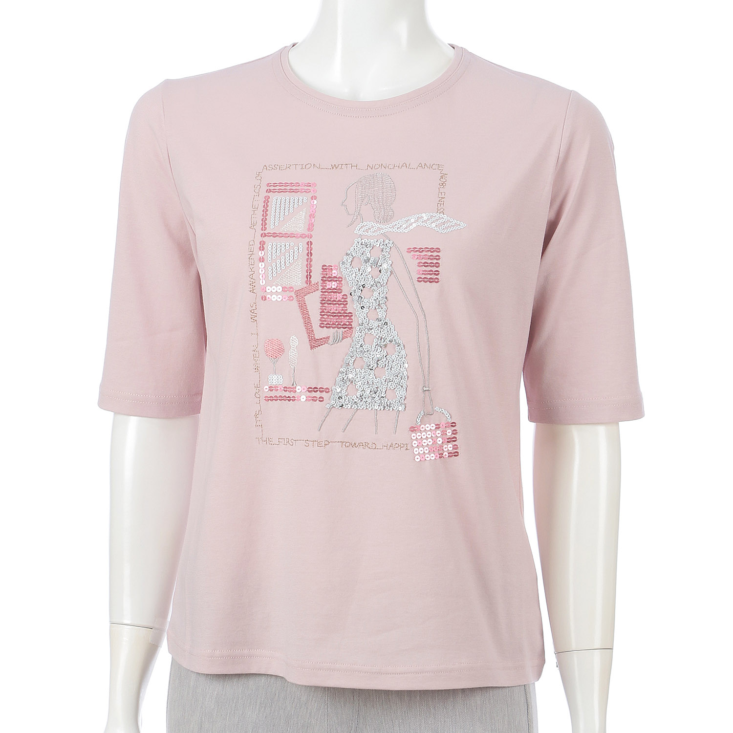 丸首5分袖刺繍T女性柄 - 画像2