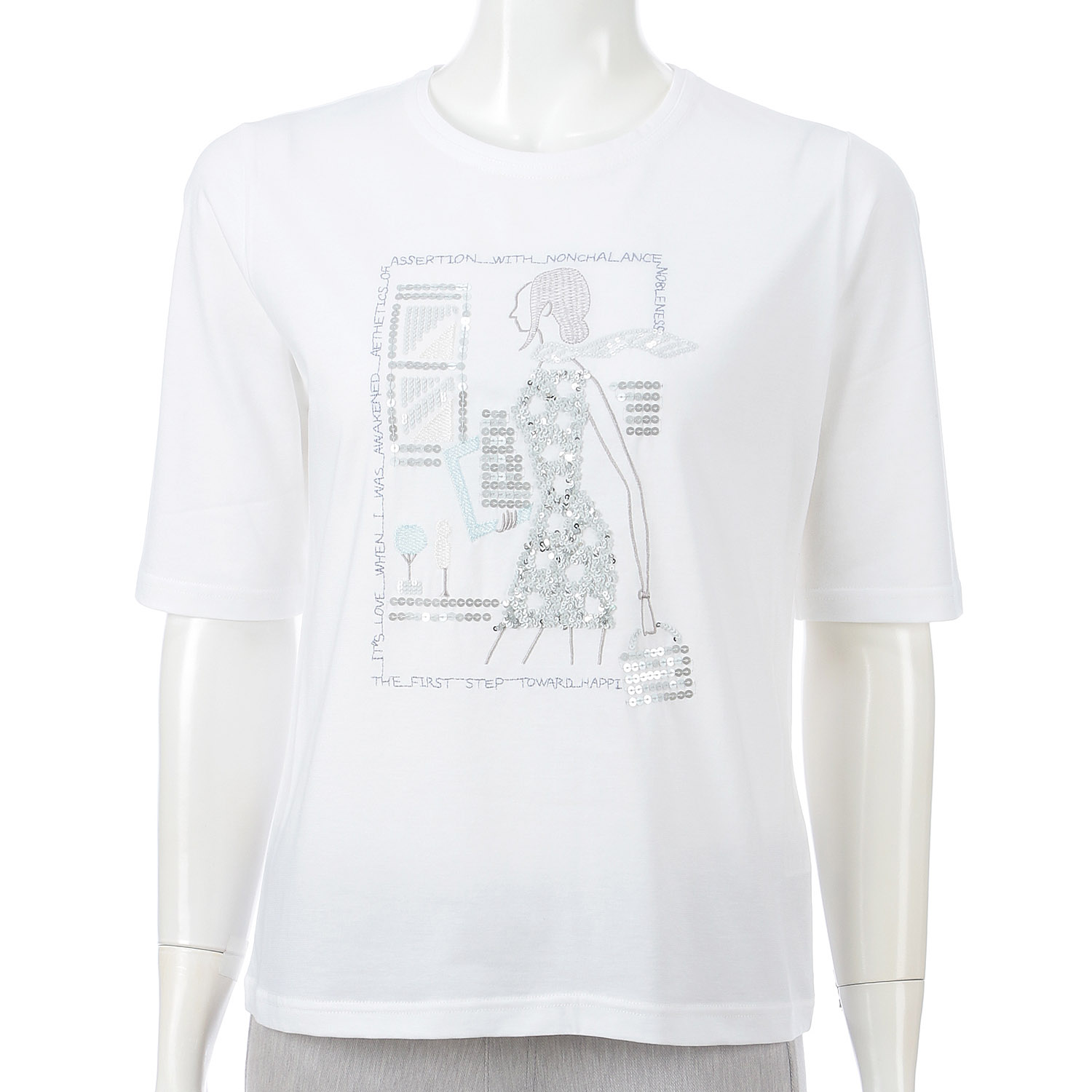 丸首5分袖刺繍T女性柄 - 画像1