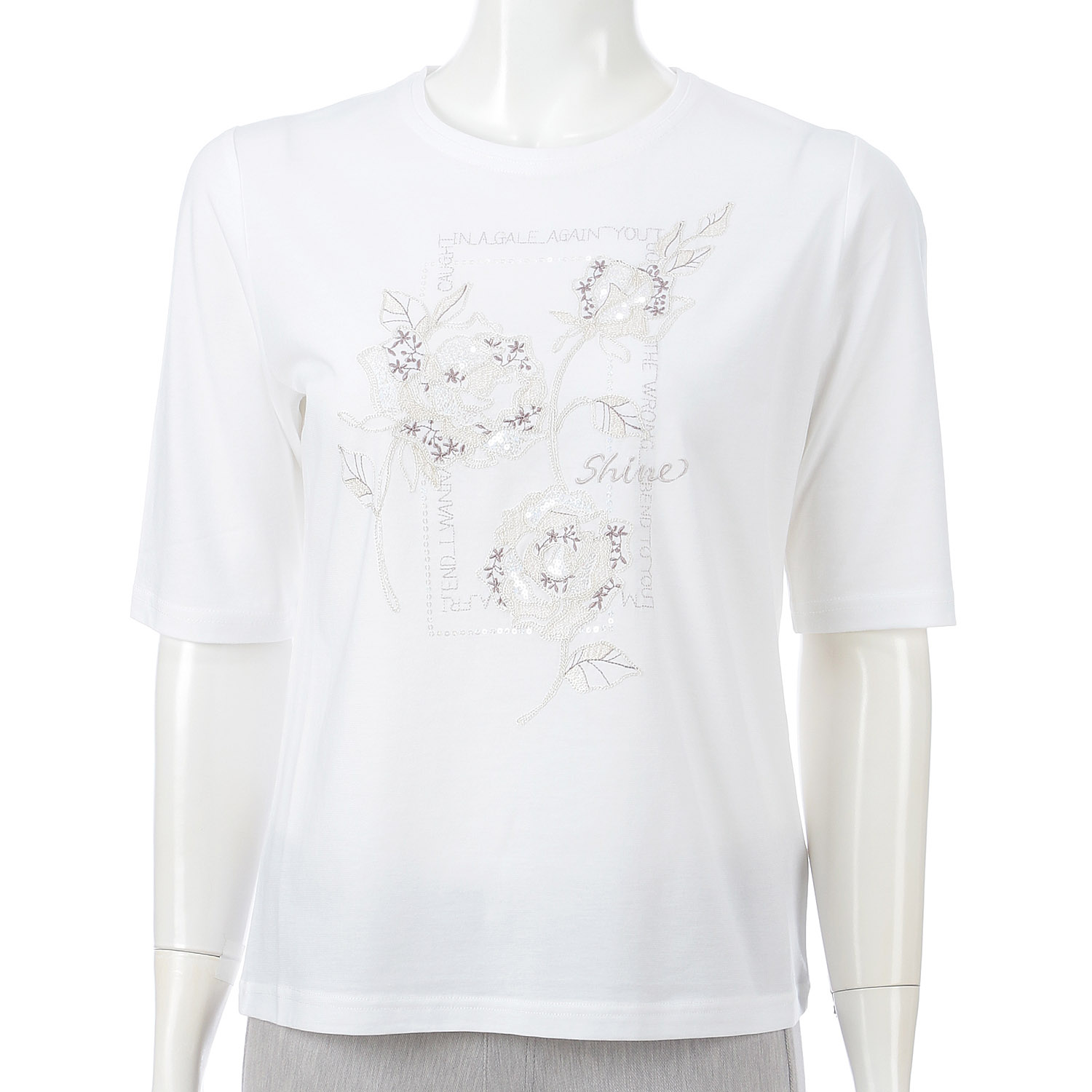 丸首5分袖刺繍T四角花柄 - 画像2