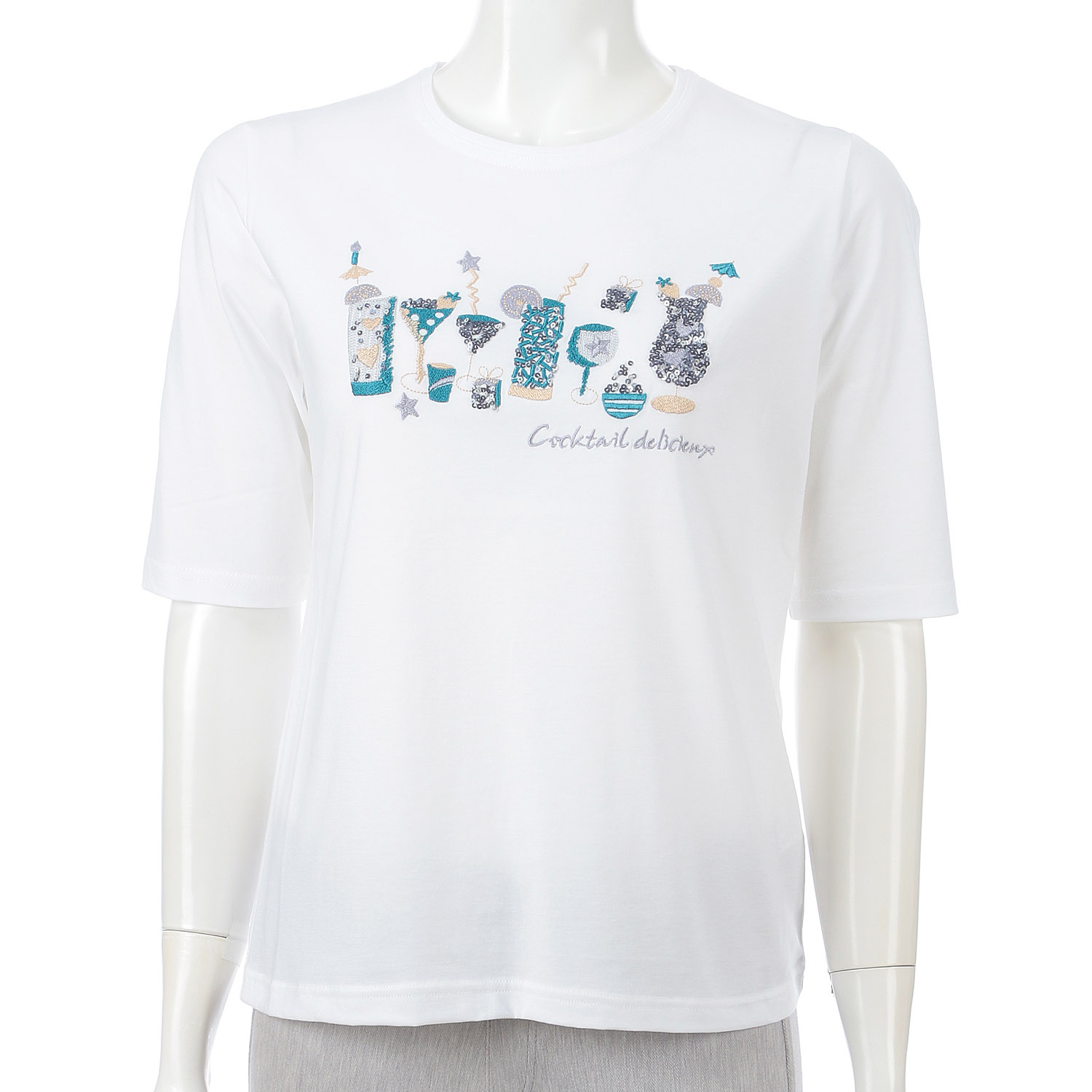 丸首5分袖刺繍T グラス柄 - 画像2