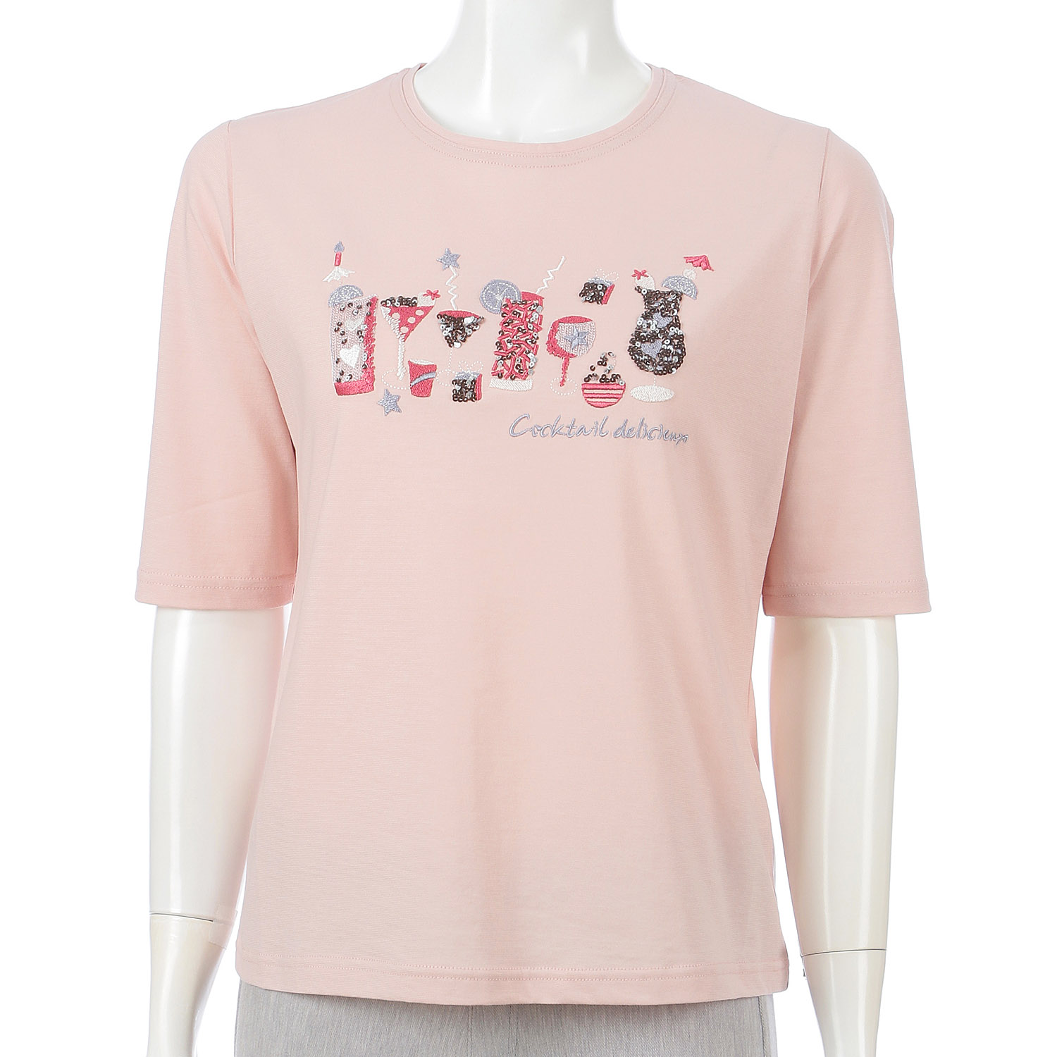 丸首5分袖刺繍T グラス柄 - 画像3